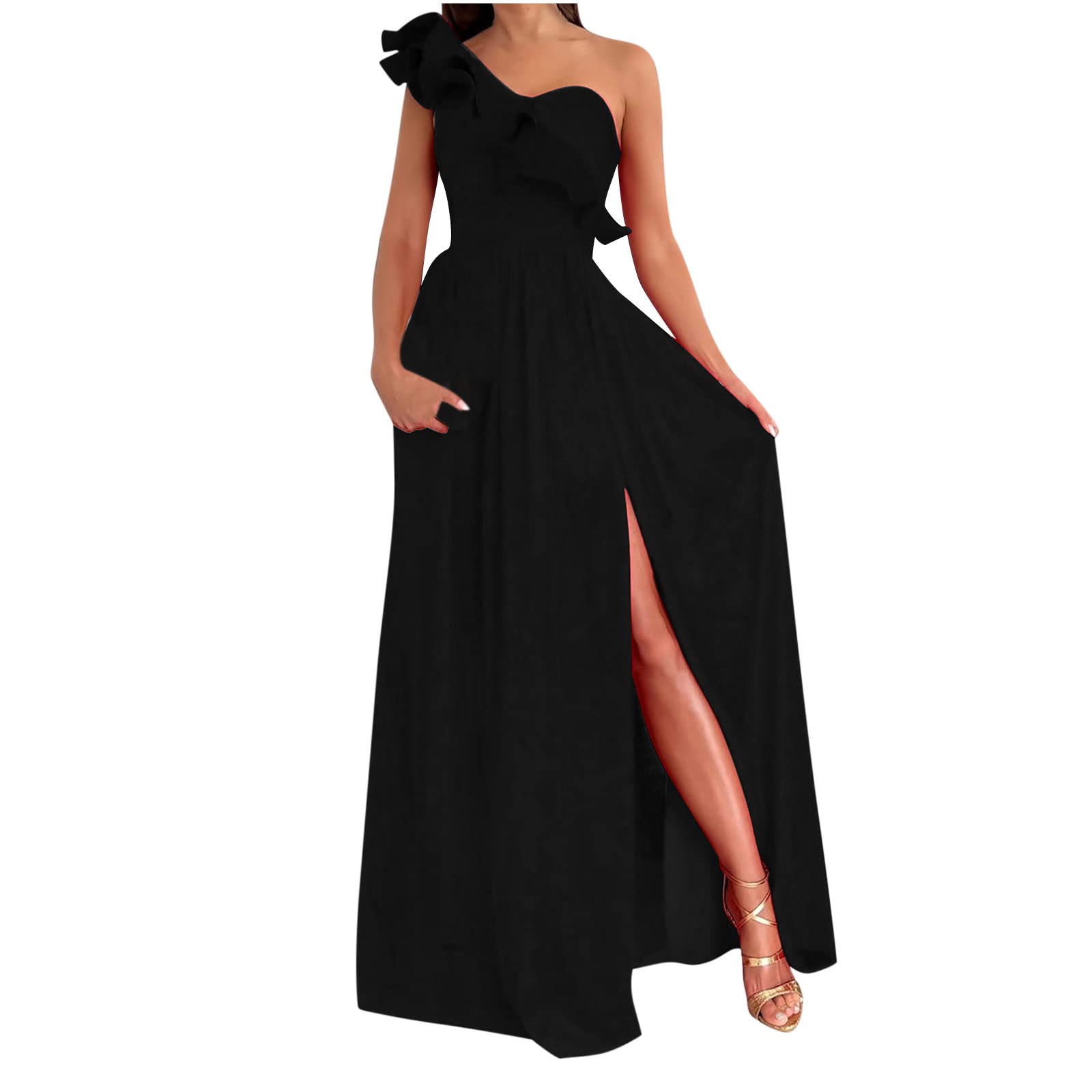 Sexy One Shoulder Ruffle Maxi Dress for Women - Sleeveless Long Evening Gown with High Slit for Wedding Guest, Cocktail Party & Special Occasions