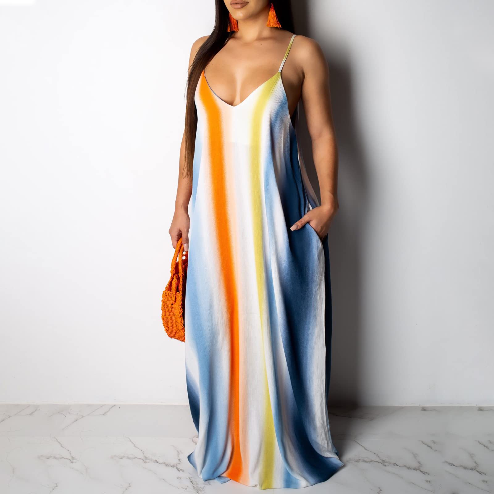BOGURST Women's Summer Maxi Dress - Sleeveless Adjustable Spaghetti Strap Loose Fit Plus Size Casual Dress for Beach, Vacation & Outdoor Activities