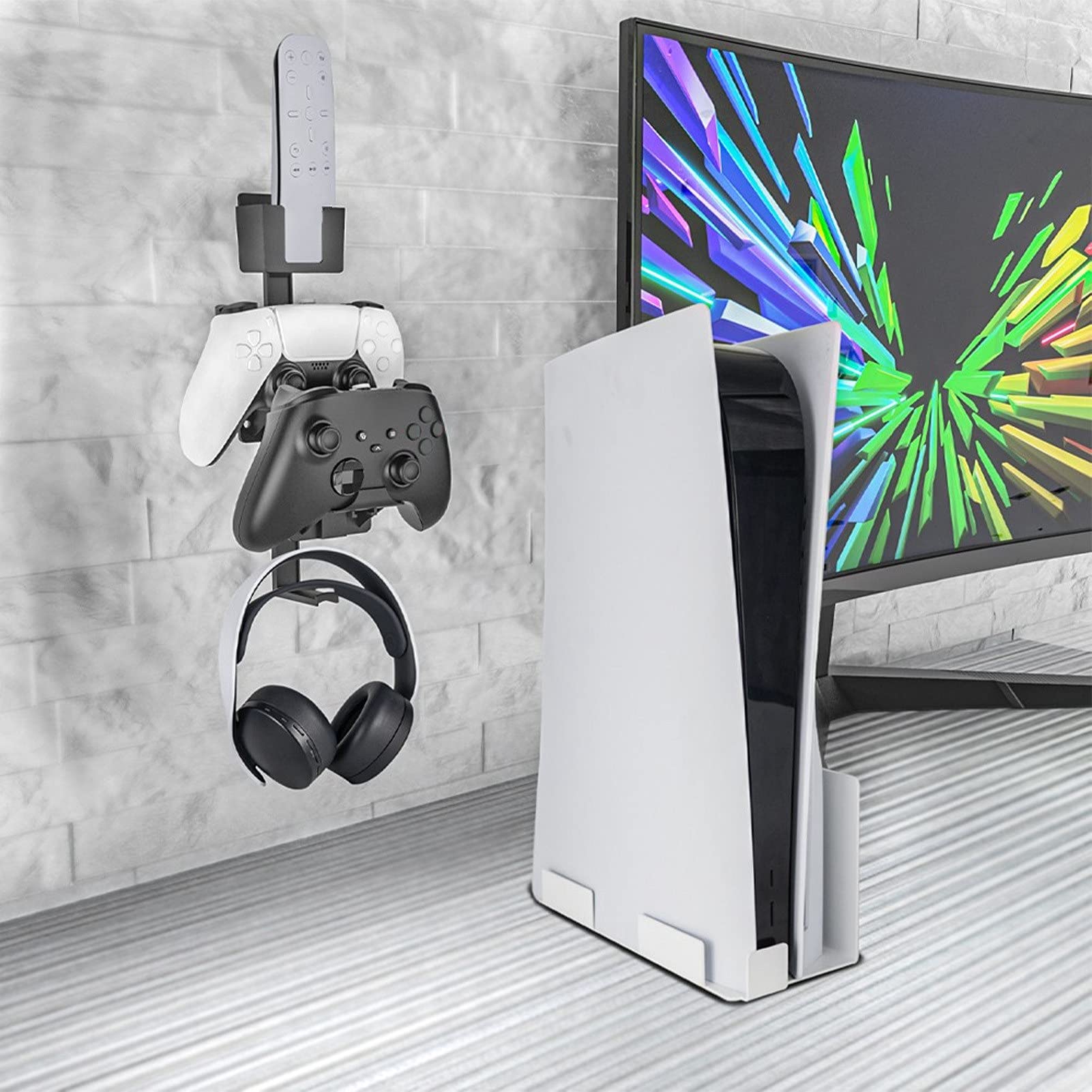 Universal ABS Wall Mount Bracket for Controller with Headset Hanger - Gaming Setup Accessory
