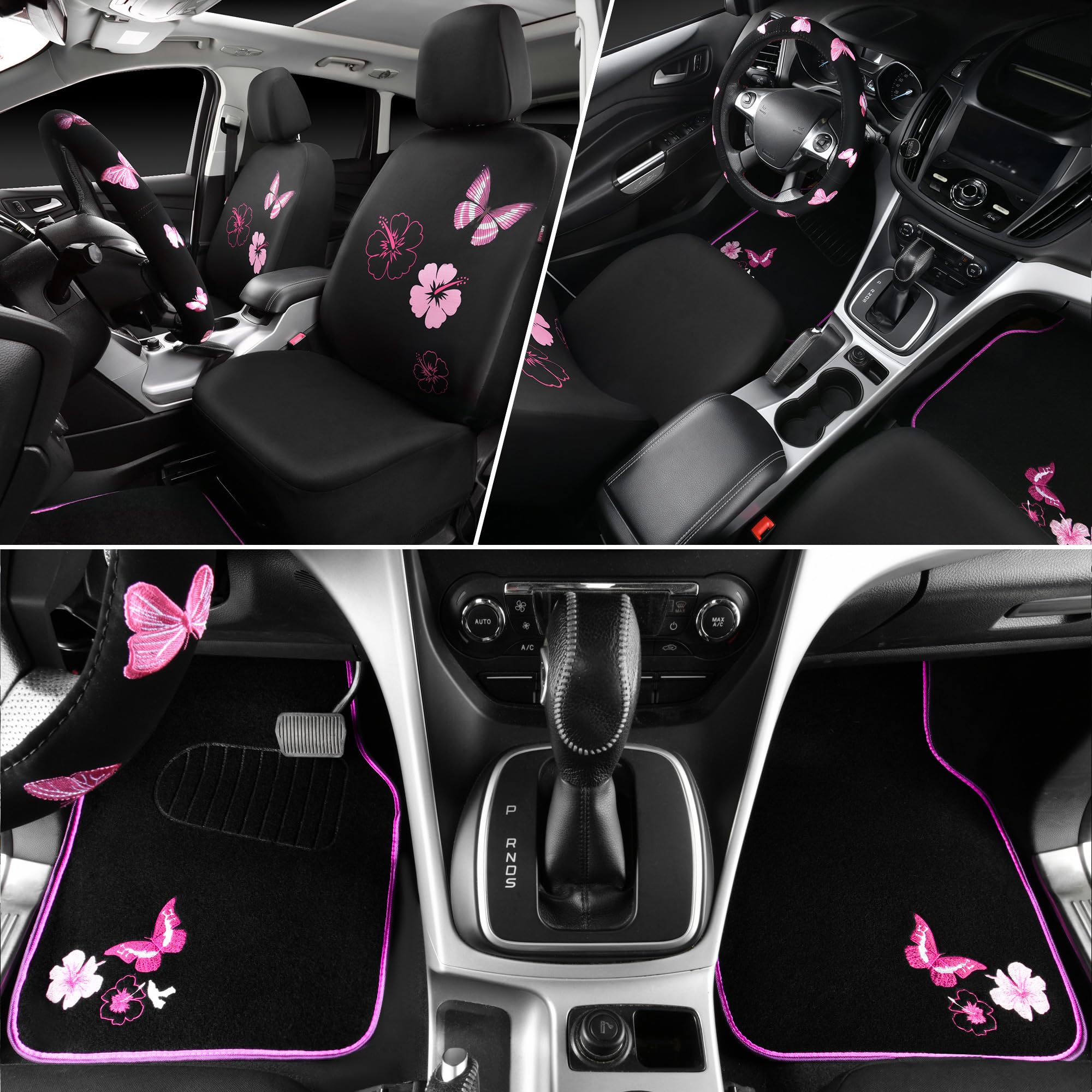 Universal Cloth Butterfly Car Seat Covers Full Set - Waterproof Embroidered Flower Car Floor Mats & Steering Wheel Cover - Black and Pink Interior Accessories for Sedan, SUV, Minivan | Perfect for Daily Commute, Road Trips & Car Protection