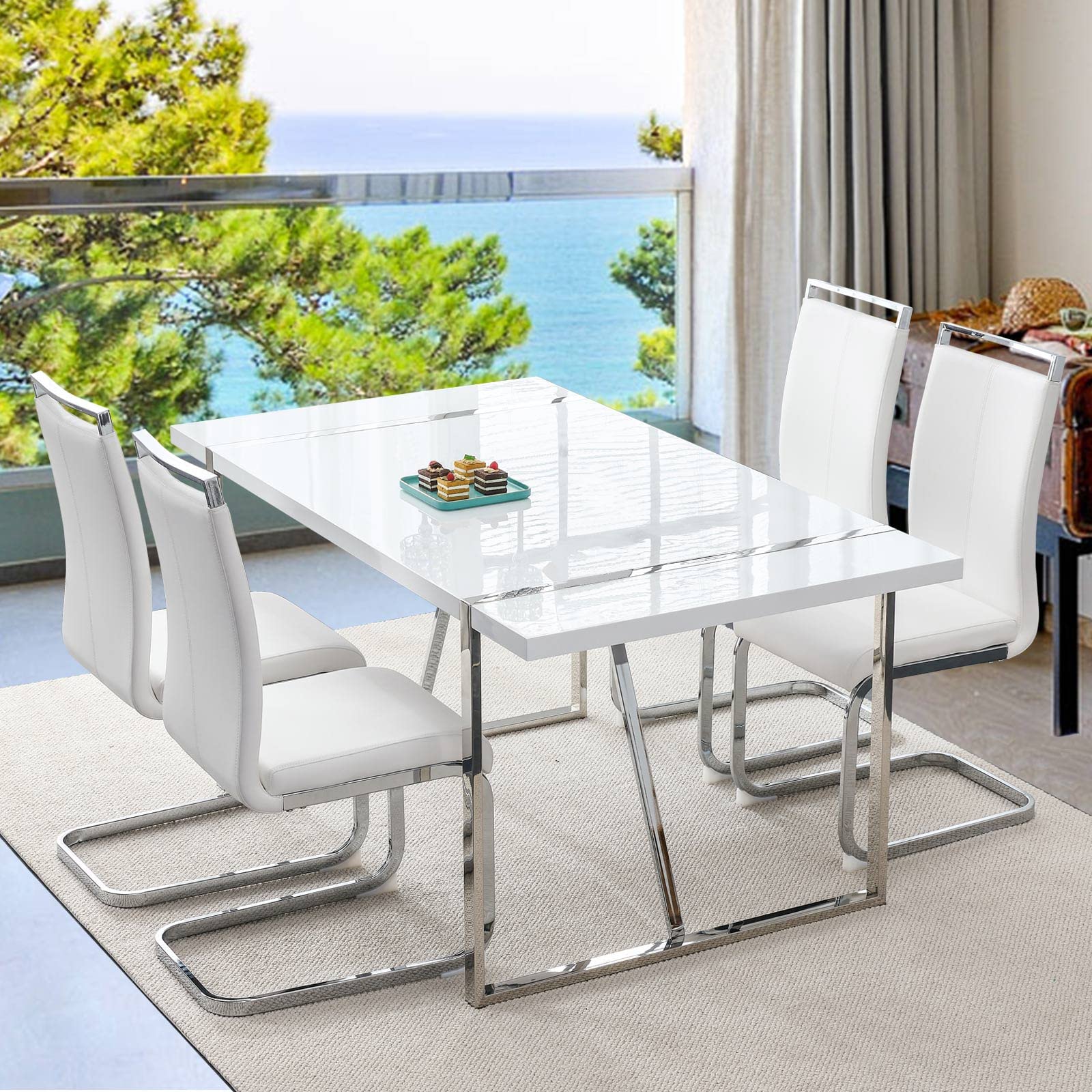 Modern 5-Piece White Rectangular MDF Dining Table Set with Leather Chairs & Metal Frame - Kitchen & Dining Room Furniture for 4 People | Perfect for Small Spaces, Family Meals & Entertaining Guests