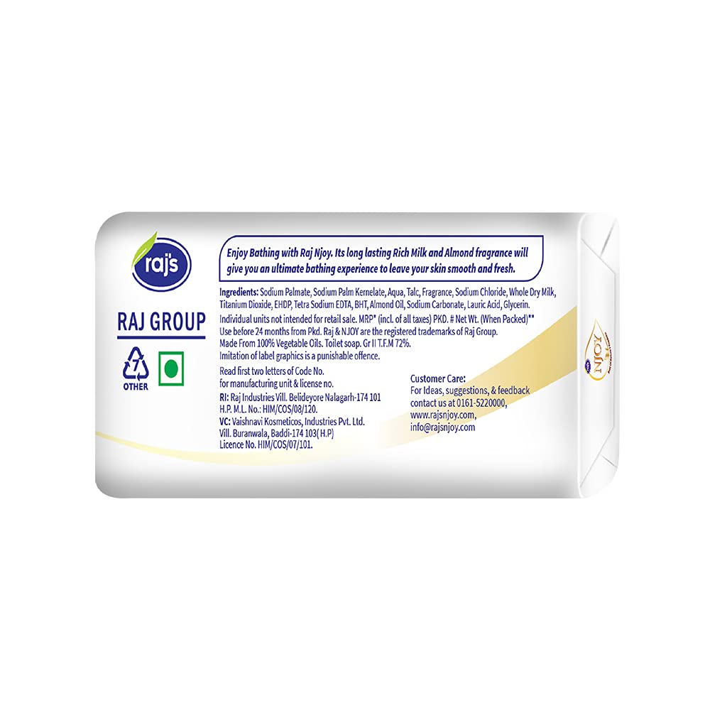 Raj Njoy Bathing Soap - Rich Milk & Almond Moisturizing Bar (125g, Pack of 8) | Gentle Cleansing for Dry & Sensitive Skin | Perfect for Daily Shower, Spa & Gift Sets