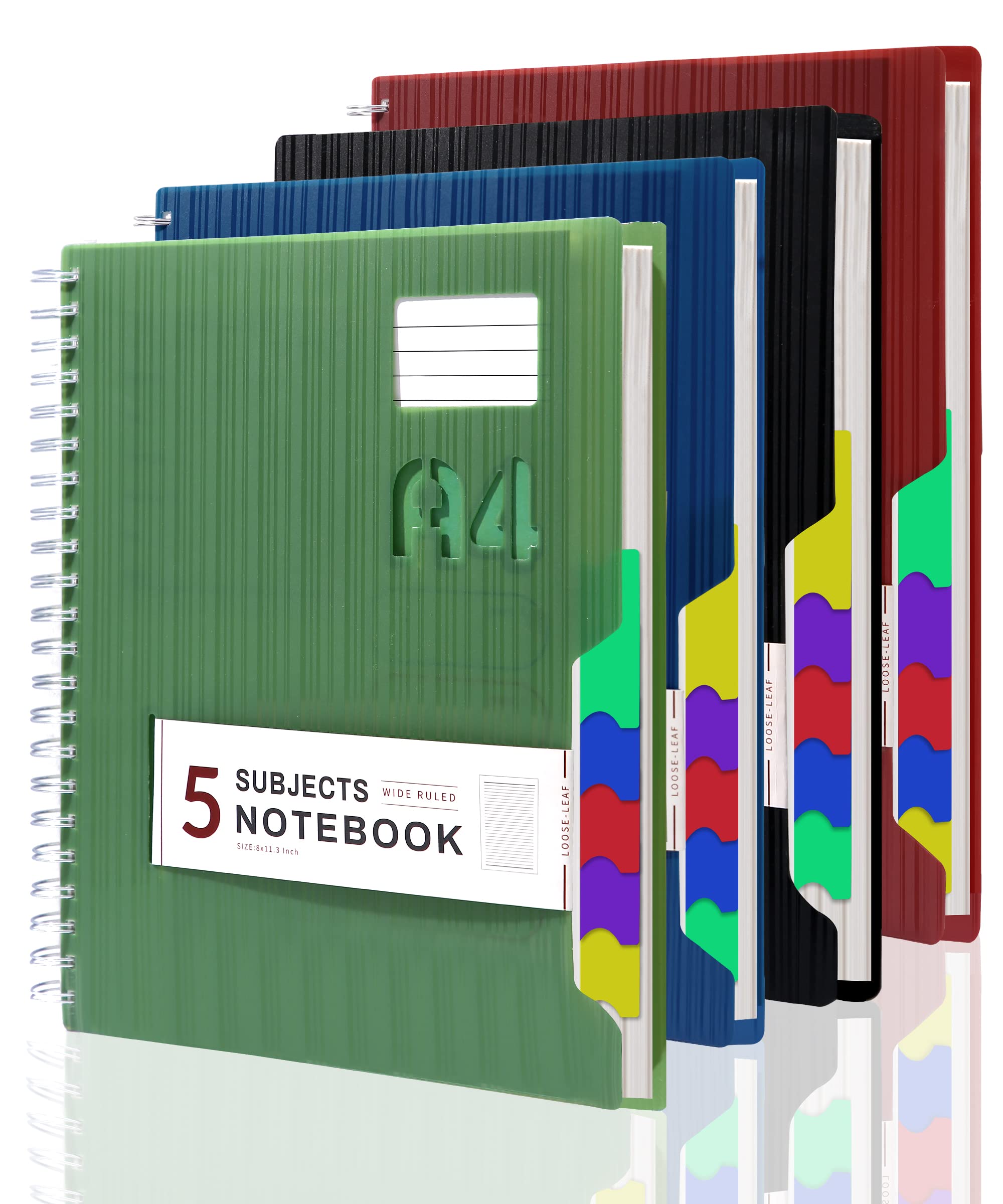 4 Pack 5 Subject Spiral Notebook Hardcover with Tabs - Wide Ruled 250 Pages A4 Size (8''x11.3'') - Durable Dividers for School, Office & Journal Writing - Perfect for Note Taking, Class Organization & Work Projects