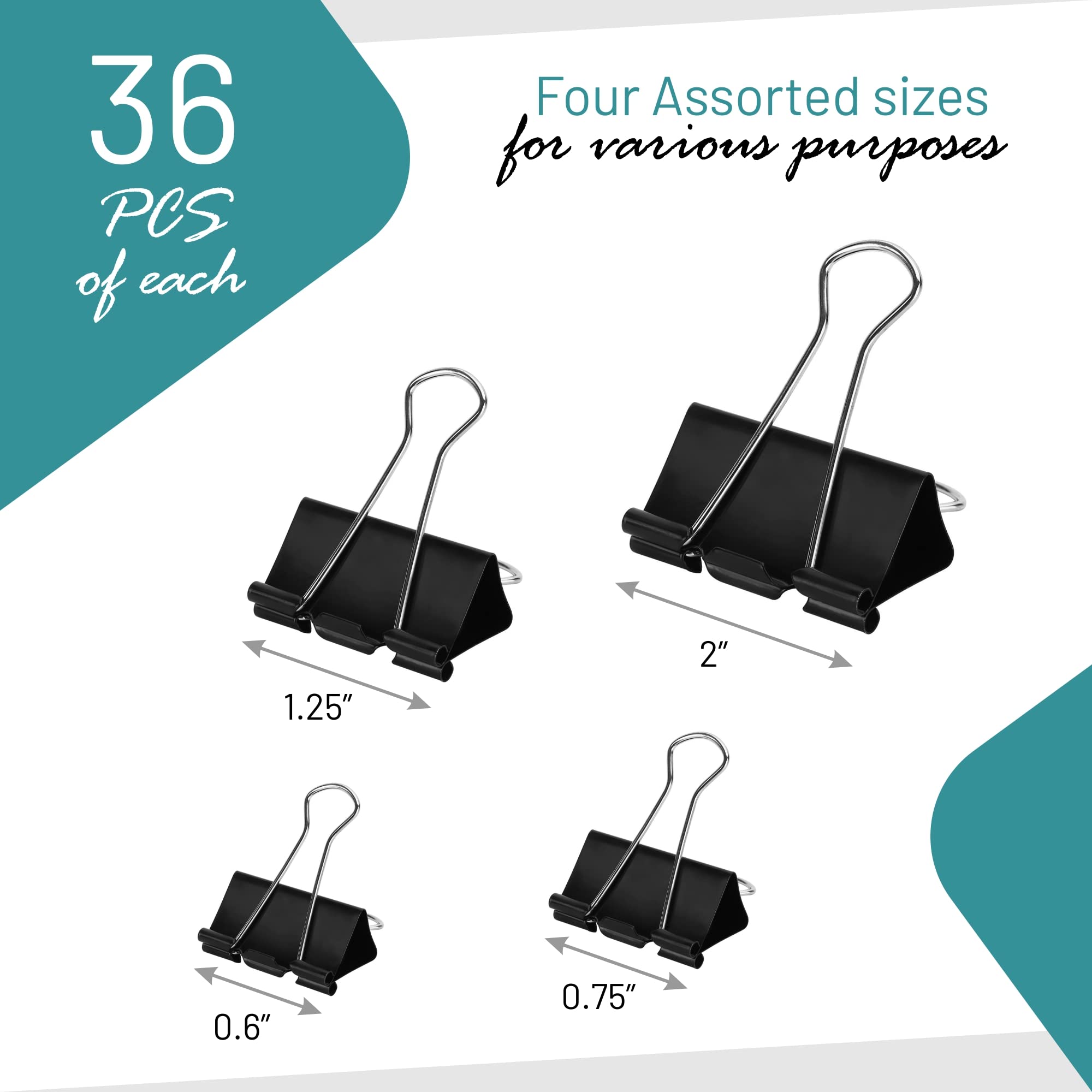 144-Pack Assorted Size Binder Clips Set - Large, Medium, Small & Mini Paper Clamps (36 Each) - Black Office Supplies for Organizing Documents at Home, School or Workplace