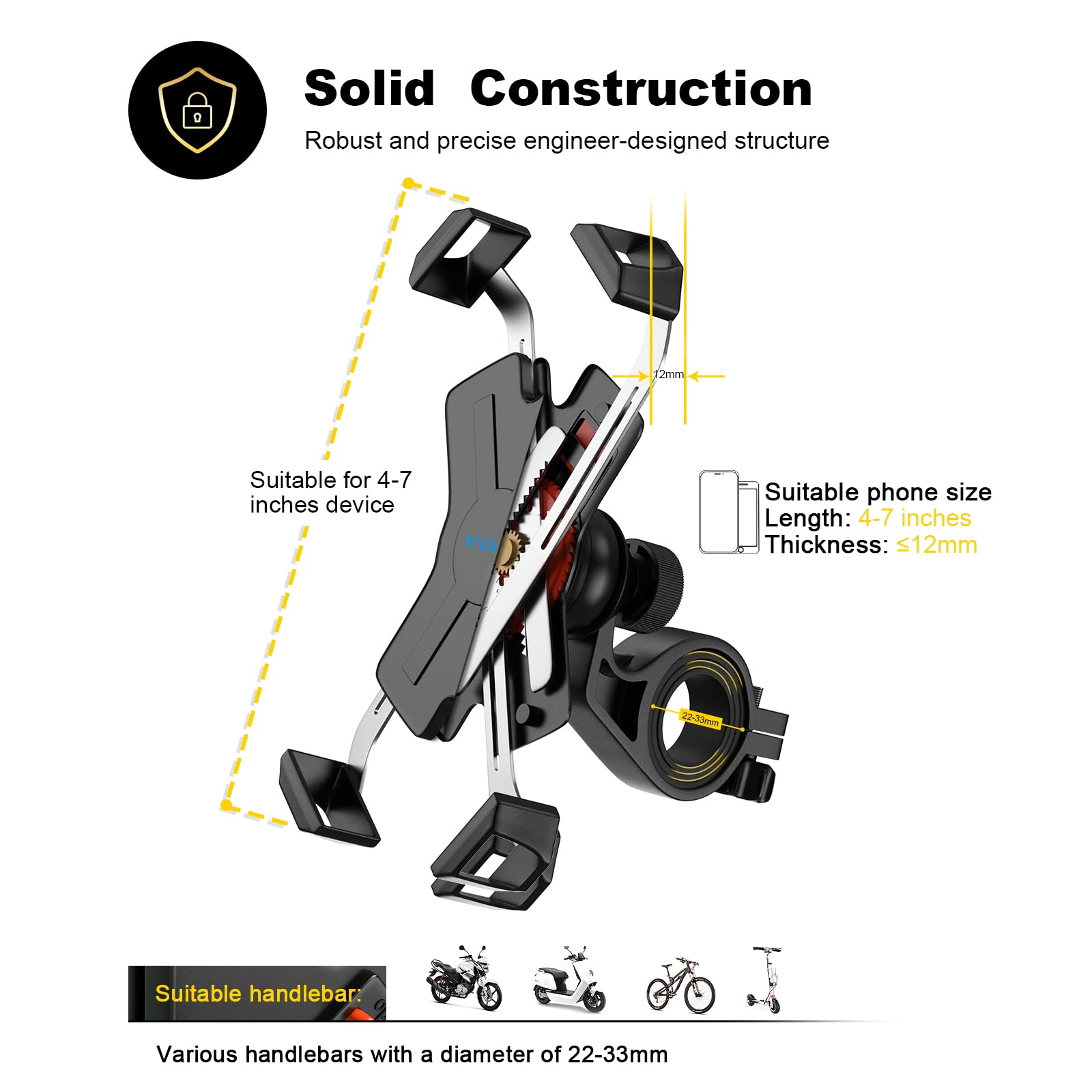 Sturdy Bike Phone Mount with Stainless Steel Clamp - Anti-Shake 360° Rotatable Phone Holder for Smartphones & GPS Devices (4-7 Inches) - Perfect for Cycling, Commuting & Outdoor Adventures