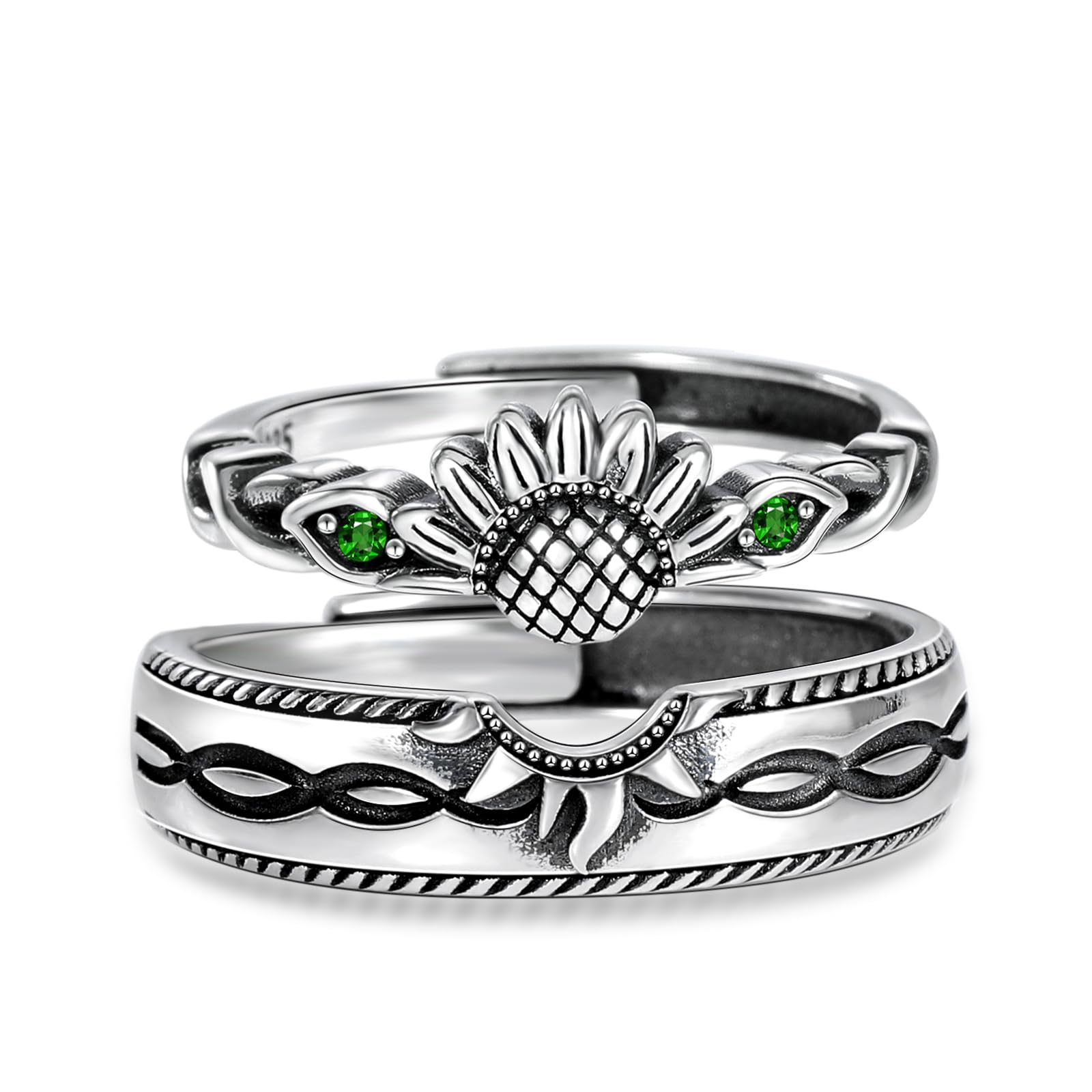 Promise Rings for Couples - Sterling Silver Adjustable Matching Wedding Bands for Him & Her - Emerald Sunflower Engagement Rings - Perfect for Anniversaries, Proposals & Romantic Gifts