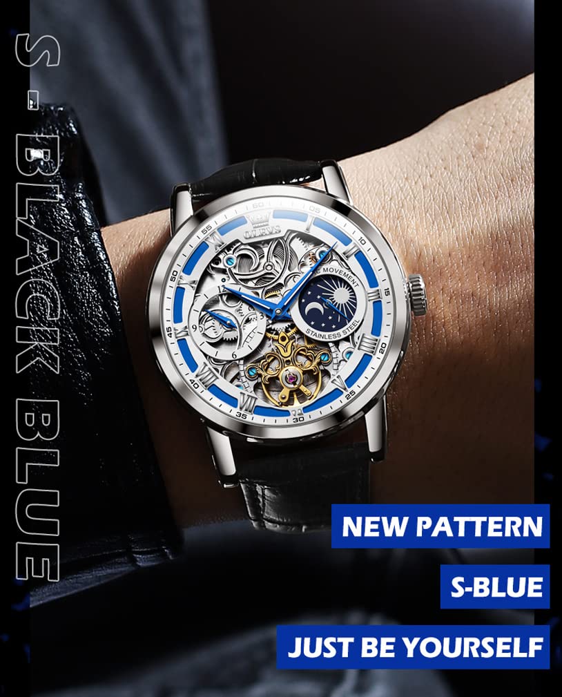 OLEVS Men's Automatic Self-Winding Watch - Luxury Starry Sky Diamond Skeleton Dial, Waterproof & Luminous - Perfect for Business, Formal Events & Nighttime Visibility