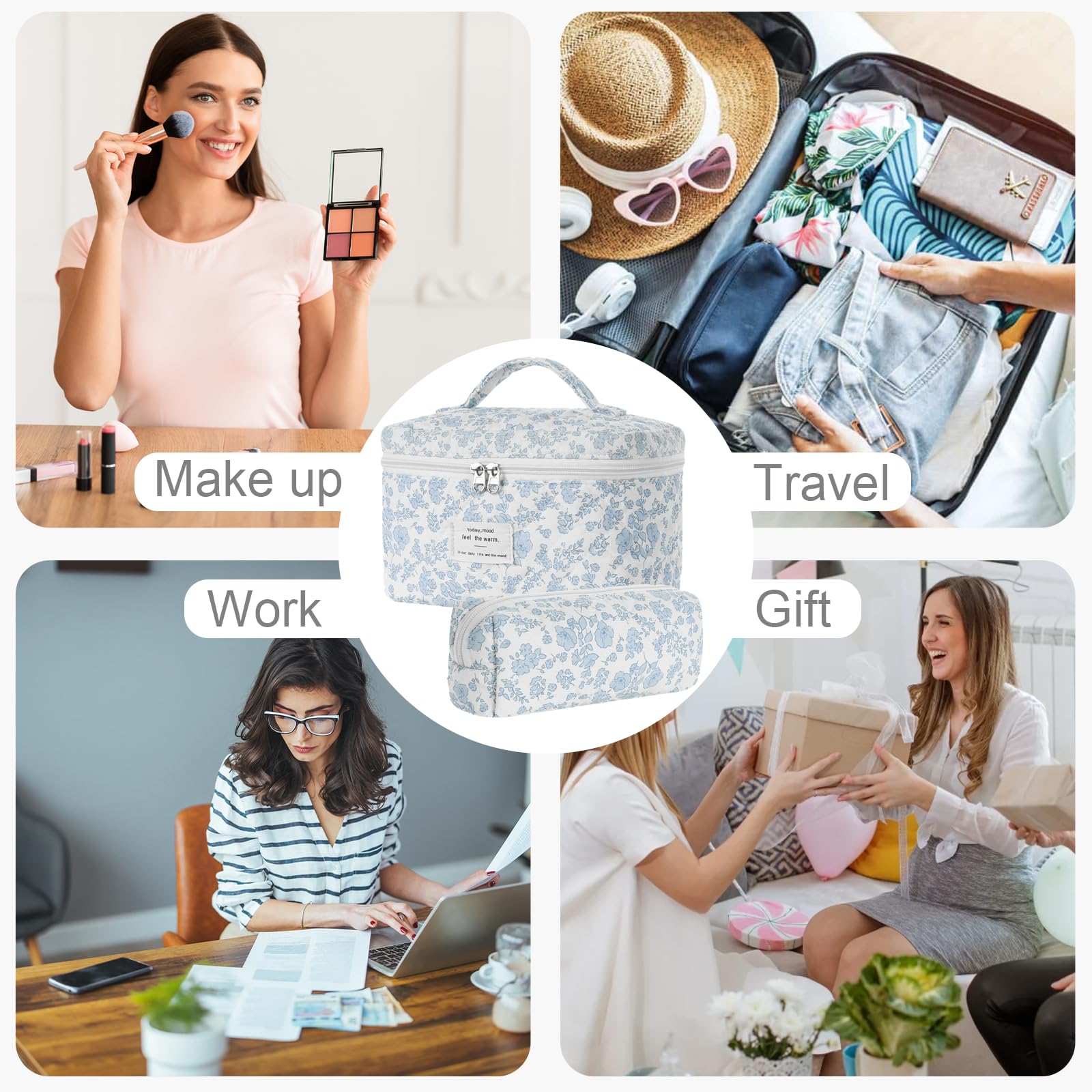 Floral Makeup Bag Set - Quilted Cotton Cosmetic Organizer for Travel & Toiletries | Coquette Aesthetic Flower Design | Perfect for Vacation, Gym, Bridal Shower & Daily Essentials Storage