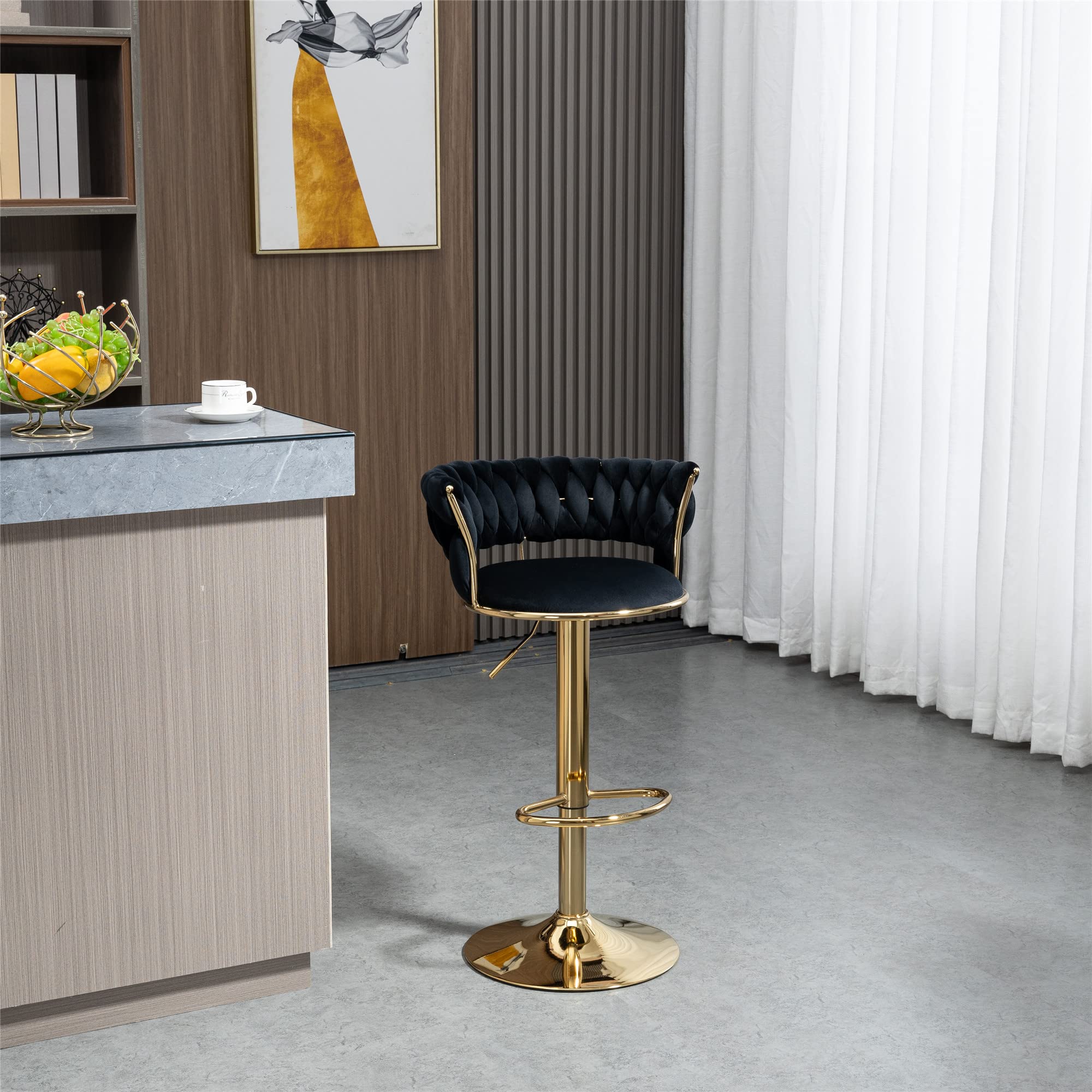 2-Pack Swivel Bar Stools with Footrest - Adjustable Height Kitchen Counter Stools, Velvet Upholstered Dining Chairs for Breakfast Bar, Home Bar & Small Spaces (Modern Style, Black) - Perfect for Kitchen Islands, Coffee Shops & Compact Dining Areas