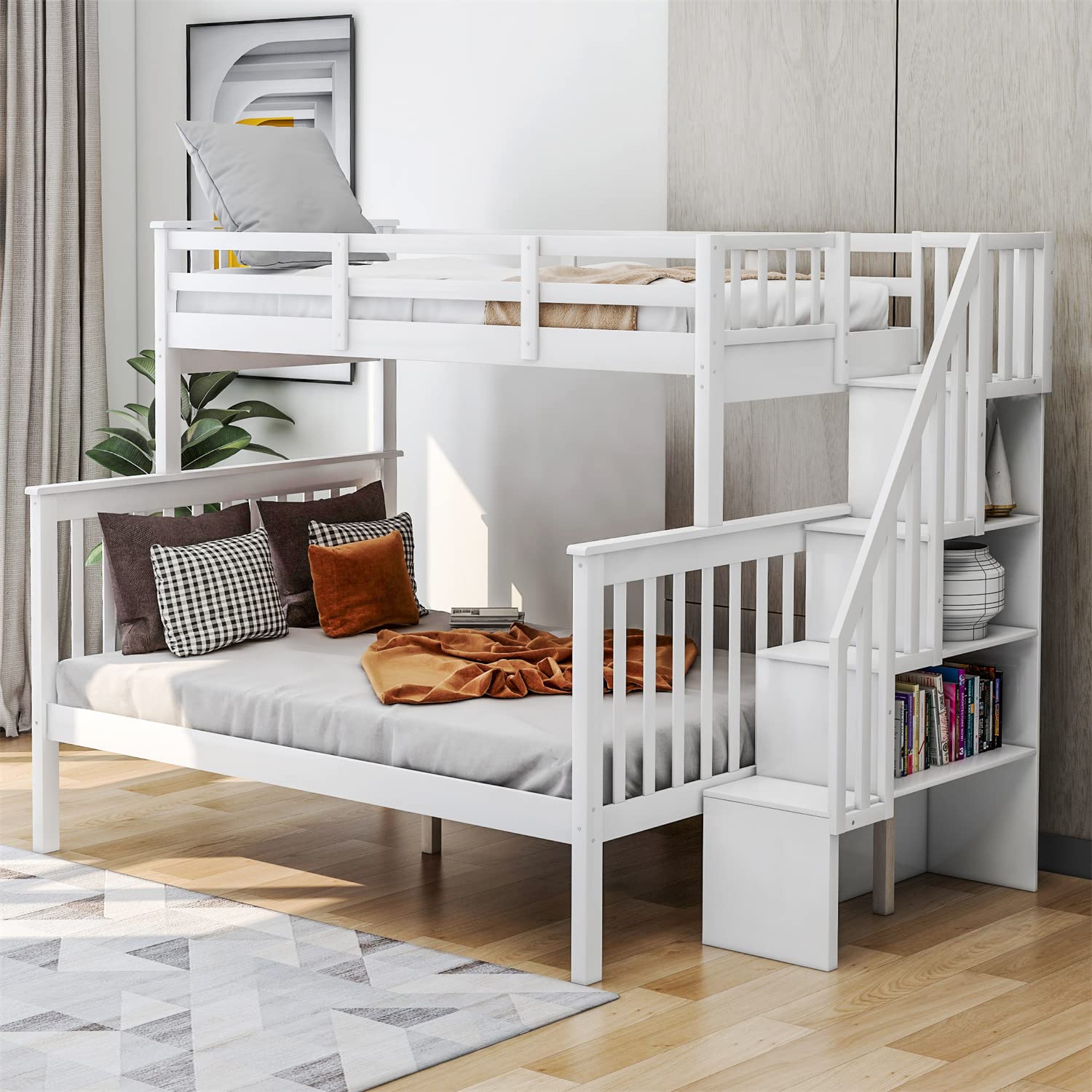 Upgraded Solid Wood Twin Over Full Bunk Bed with Storage Stairs & 4 Shelves | Convertible to 2 Separate Beds | Safety Guard Rail | No Box Spring Needed | Perfect for Kids & Teens Bedrooms, Guest Rooms & Small Spaces (White)