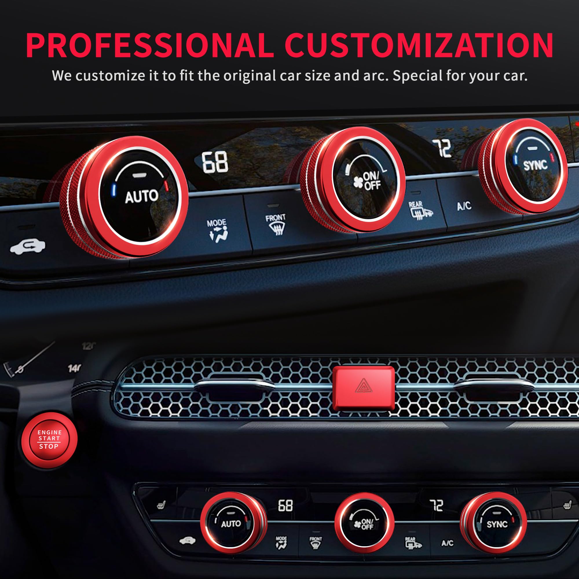 2022-2025 Honda Accord/HRV/CRV/Civic Interior Accessories Kit - 8pcs AC Knob Cover, Volume Control, Warning Lights & Push Start Button Trim Ring (Red) | Car Dashboard Decoration & Protection