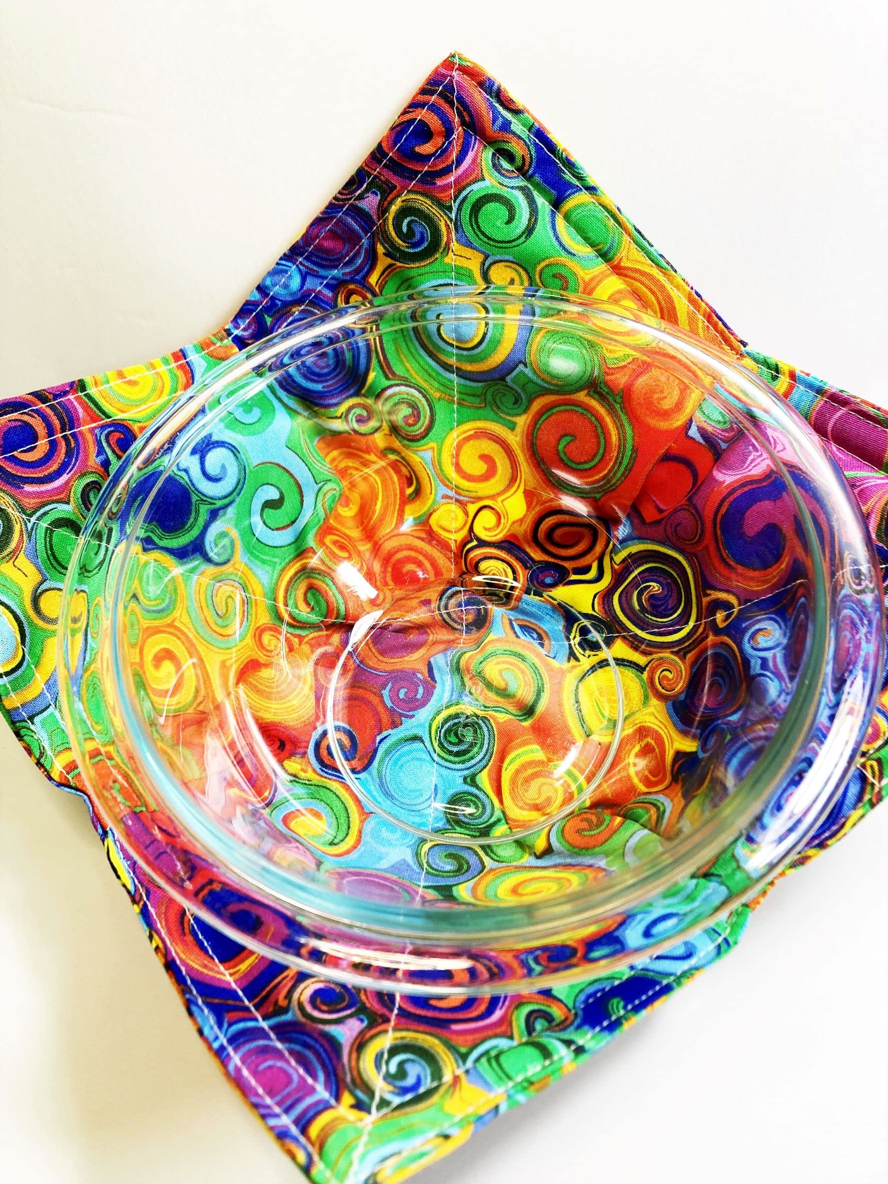 2 Pack Rainbow Swirls Cotton Bowl Cozies - Microwave & Oven Safe Hot Pads for 8 Inch Bowls - Colorful Novelty Fabric Kitchen Accessories - Perfect for Serving Hot Dishes, Soups, and Snacks Safely