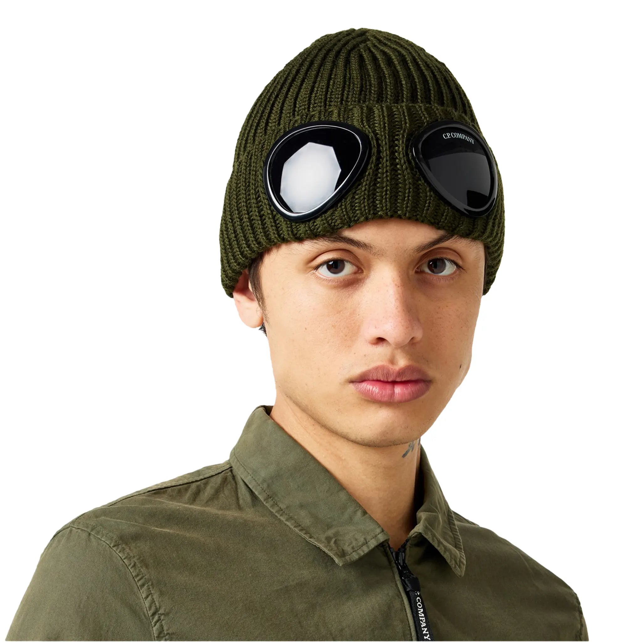 CP Company Ivy Green Goggle Beanie Hat - Winter Knit Beanie with Goggles for Men & Women - Perfect for Skiing, Snowboarding & Cold Weather Fashion