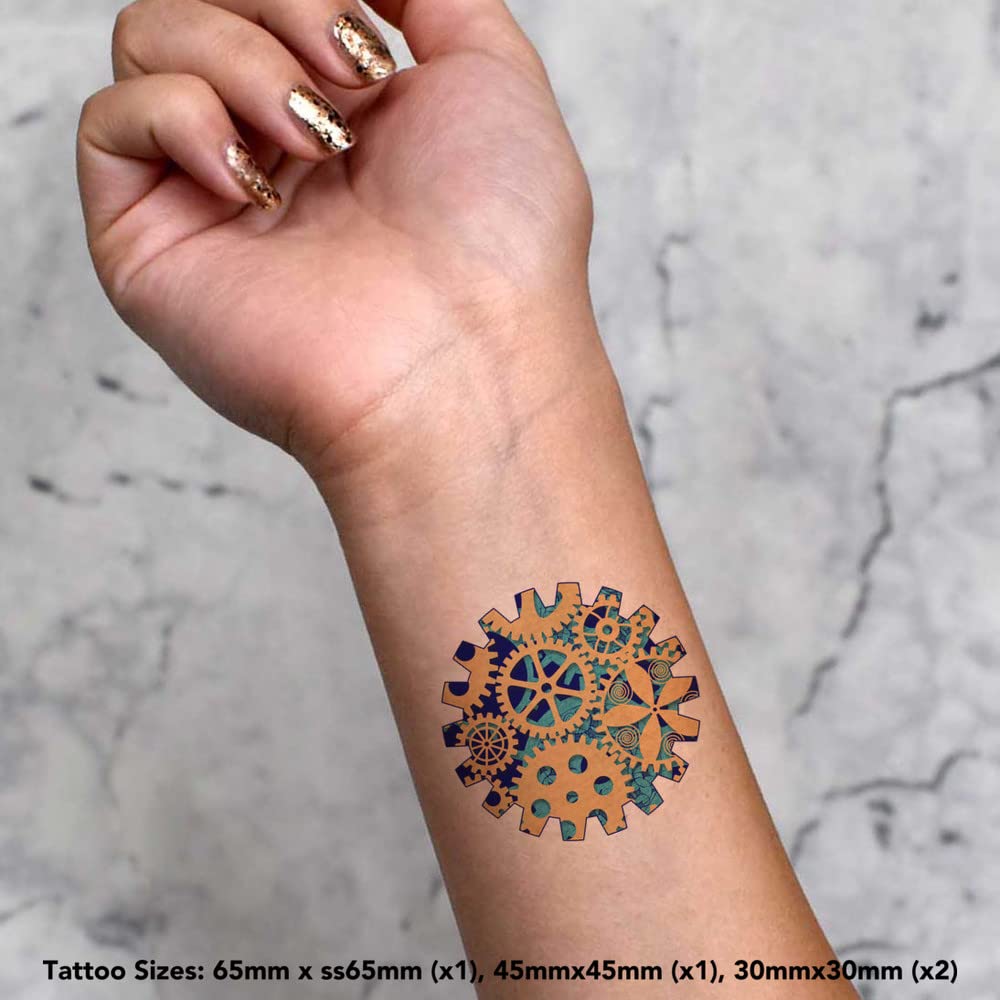 4 Pack Cog Wheel Temporary Tattoos for Adults - Steampunk Style Fake Tattoos - Perfect for Costume Parties, Cosplay, Halloween & Body Art Enthusiasts