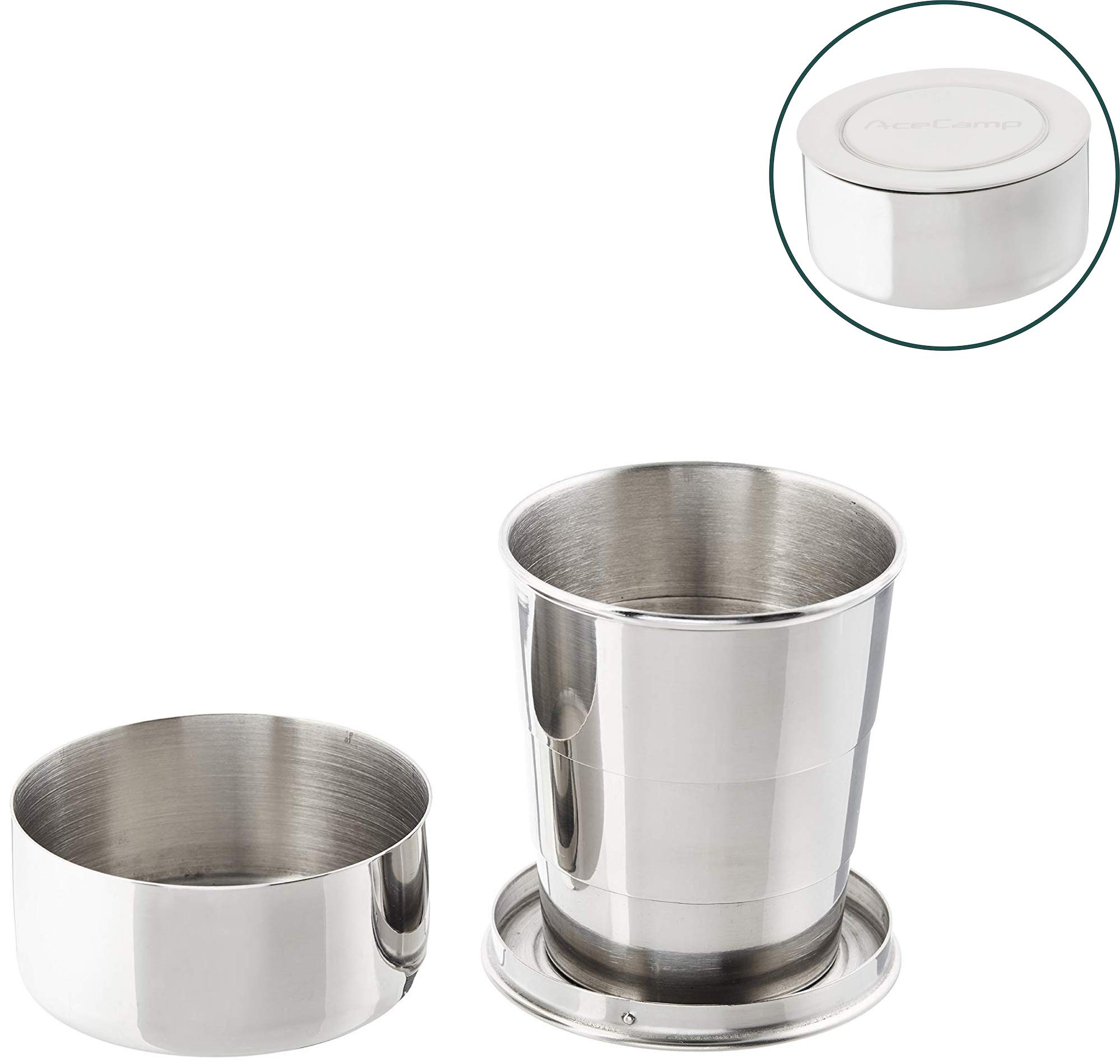 AceCamp Stainless Steel Collapsible Cup with Protective Cap - Portable Outdoor Travel Camping Folding Cup - Small Metal Telescopic Cup - Pocket Size - Perfect for Hiking, Backpacking, and Emergency Kits
