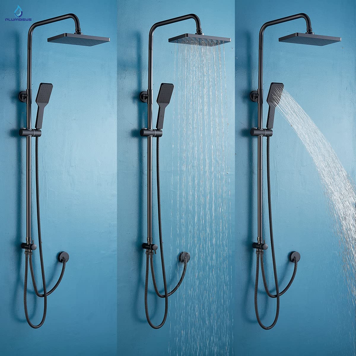 Plumbsys Black Shower Rail Set - 10 Inch Square Rainfall Shower Head with Diverter & Handheld Spray | Wall Mounted Bathroom Shower System with Automatic Cleaning Function | Perfect for Modern Home, Spa, and Luxury Bathroom Renovations