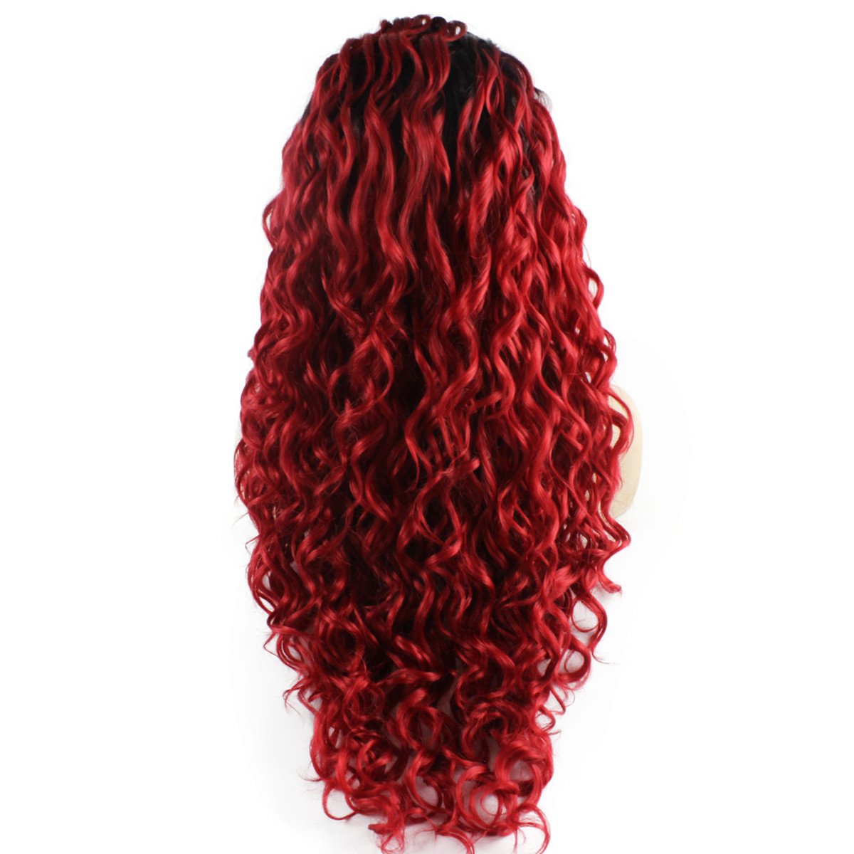 Mxangel Long Curly Dark Root Ombre Red Synthetic Lace Front Wig - Heat Resistant Cosplay Wig for Halloween, Parties & Costume Events