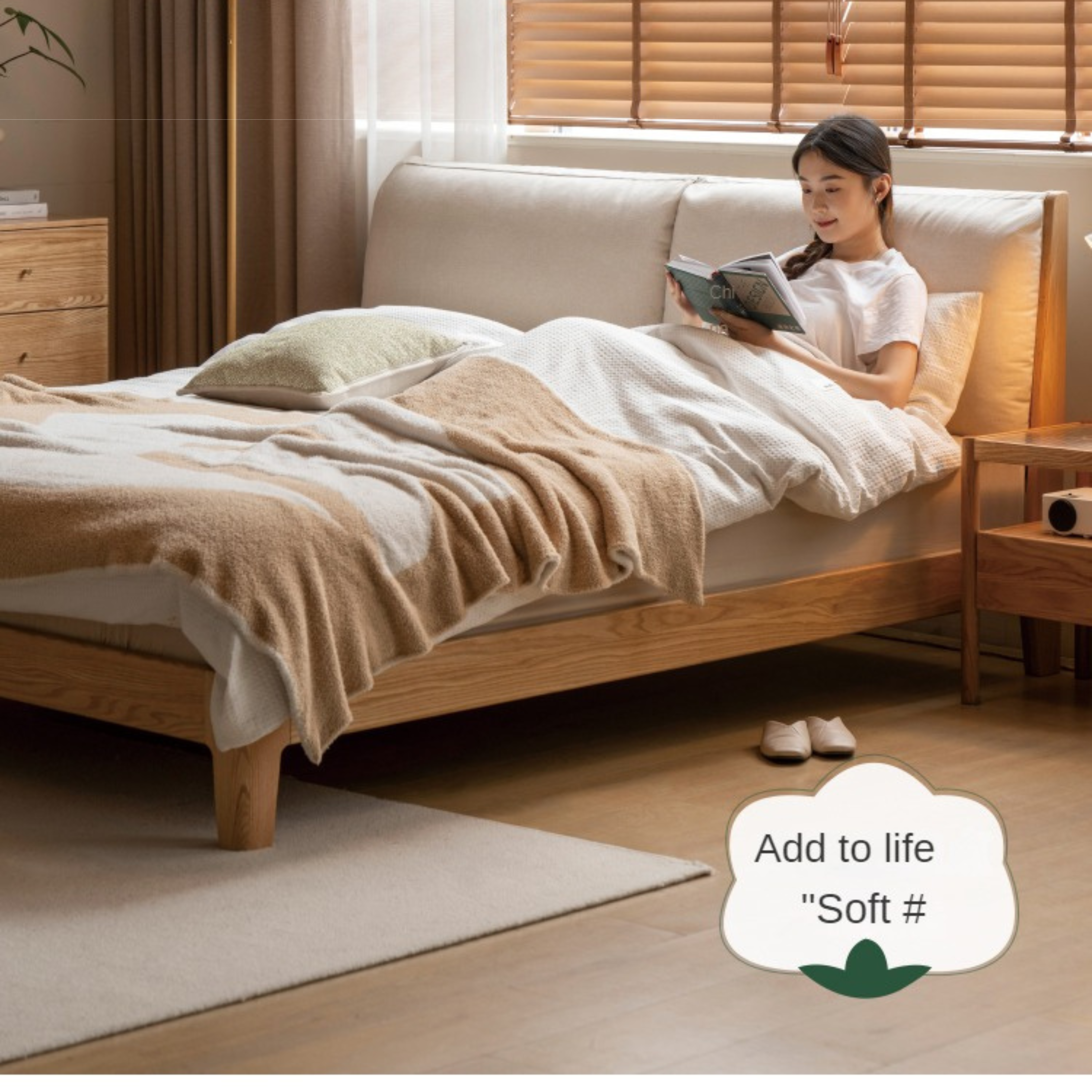Solid Oak and Black Walnut Wood Fabric Soft Bed - Premium Handcrafted Wooden Bed Frame for Bedroom, Durable and Stylish Home Furniture for Master Bedroom, Guest Room, or Kids Room