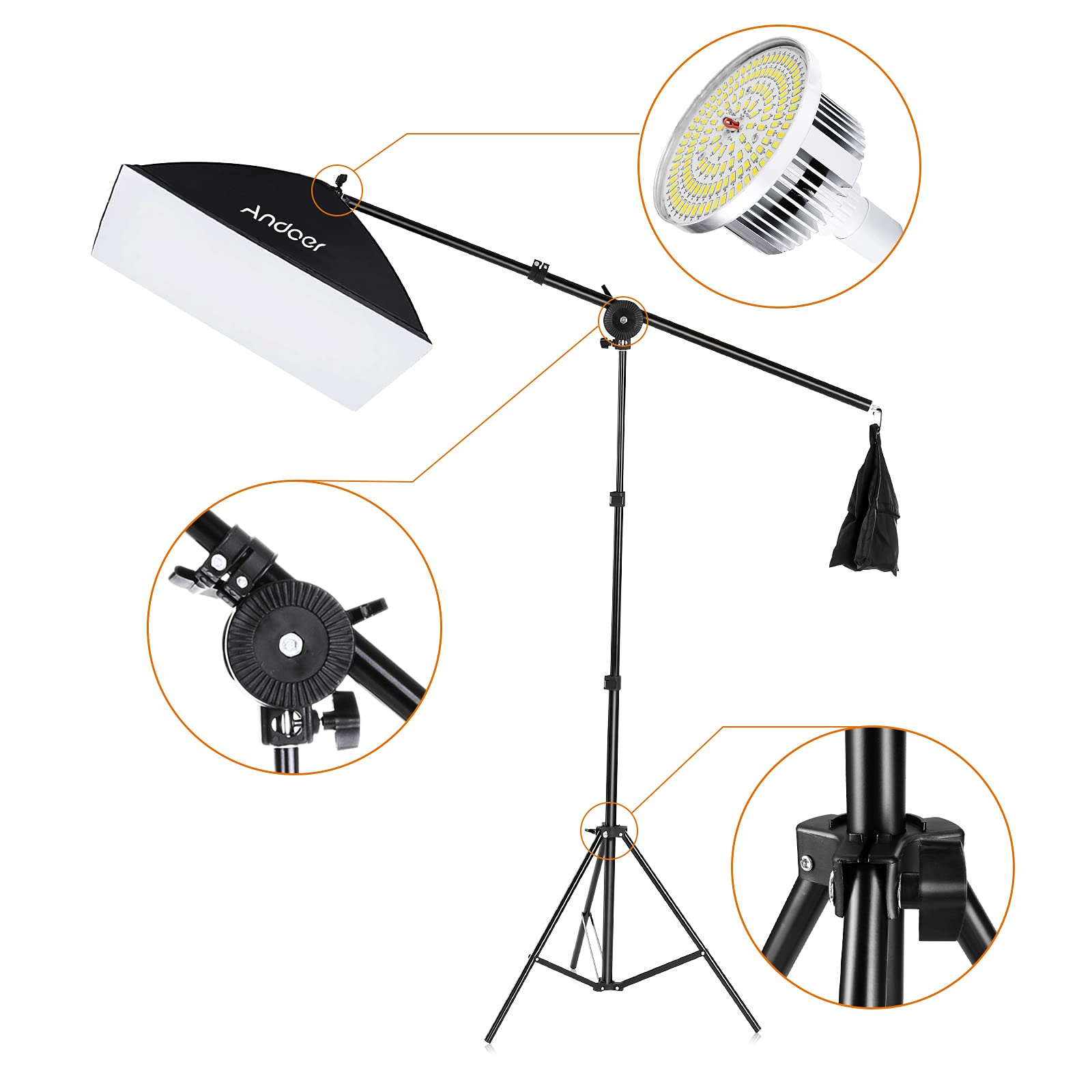 Andoer Professional 85W Bi-Color LED Softbox Lighting Kit (2800K-5700K) - 3 Softboxes, 3 Light Stands, Boom Arm, Remote Control & Backdrop Set for Photography, YouTube Videos, Product Shooting and Studio Lighting