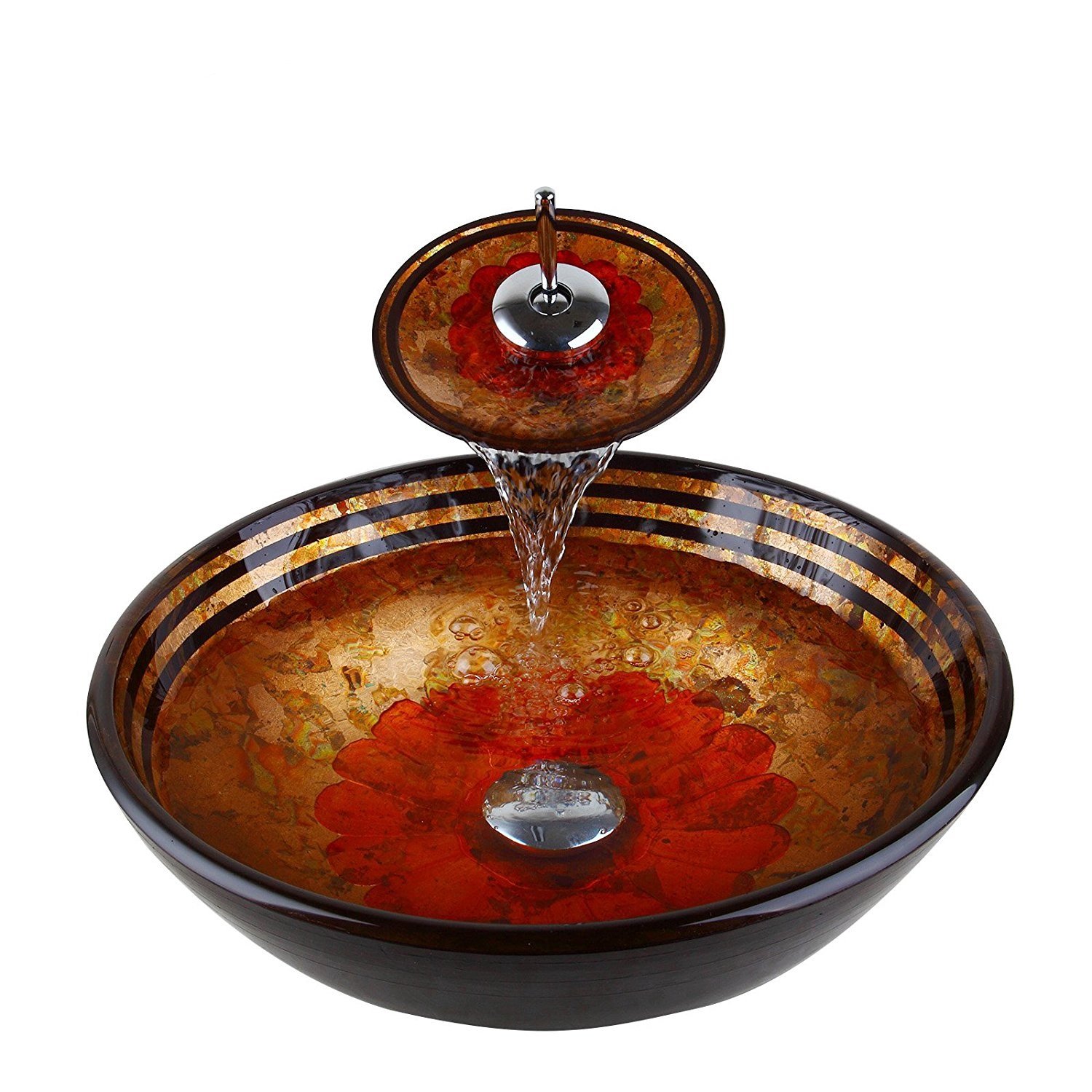 Yutfacuet Modern Bathroom Vanity Set with Red Round Sink, Flora Design & Brass Waterfall Faucet - Perfect for Contemporary Bathrooms, Powder Rooms & Guest Suites