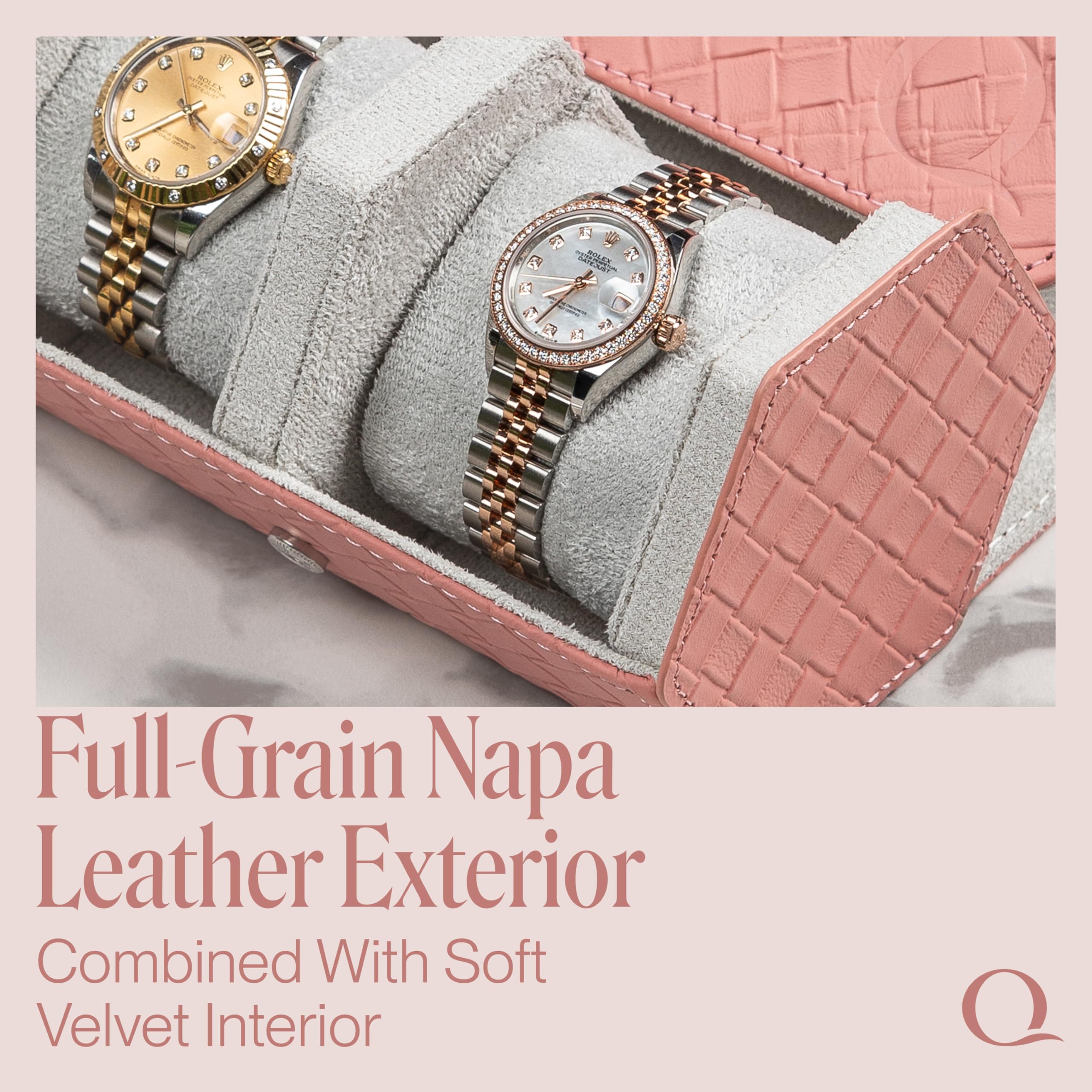 Women's Genuine Leather Hexagon Triple Watch Roll Travel Case - Storage Organizer for 3 Watches with Velvet Interior (Woven Pink/Gray) - Perfect for Travel, Display & Watch Collection Organization