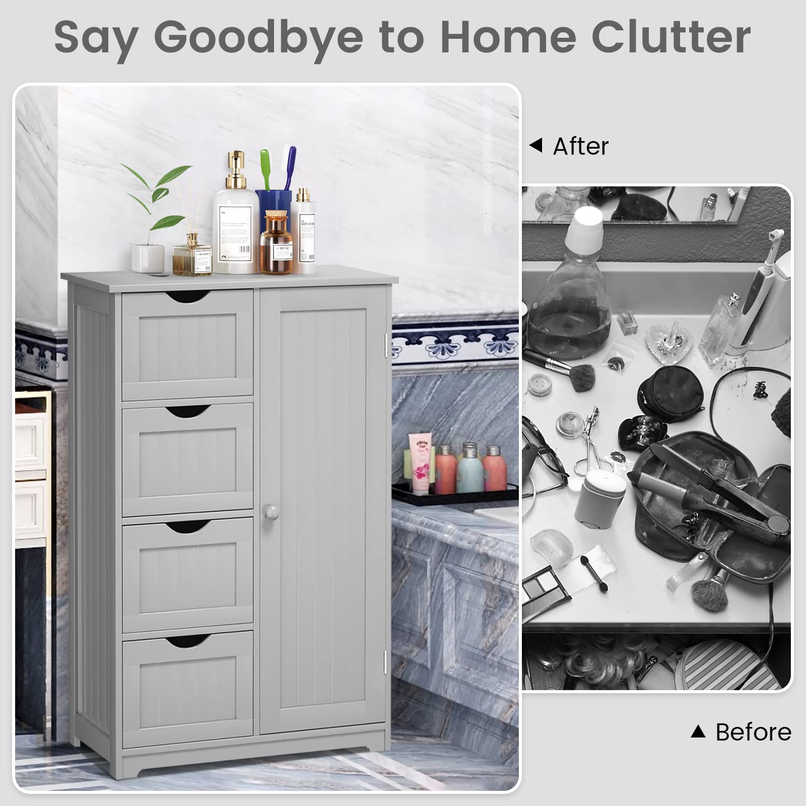 COSTWAY Wooden Bathroom Storage Cabinet - Freestanding 4-Drawer Organizer with Adjustable Shelf, Modern Floor Cabinet for Bathroom, Living Room, Kitchen & Entryway (Grey) | Perfect for Small Space Organization & Home Decor