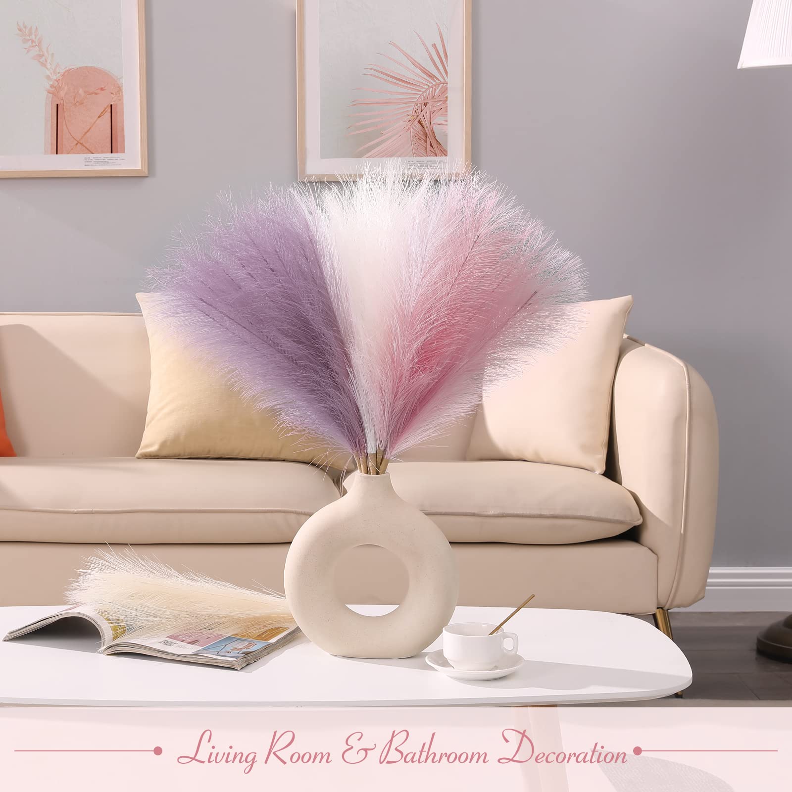 17 Inch Artificial Pampas Grass Decor (6pcs) - Purple Pink Faux Pampas for Boho Wedding & Home Decor | Vase Filler for Living Room, Bathroom, Bedroom & Office | Perfect for Centerpieces, Shelf Styling & DIY Floral Arrangements