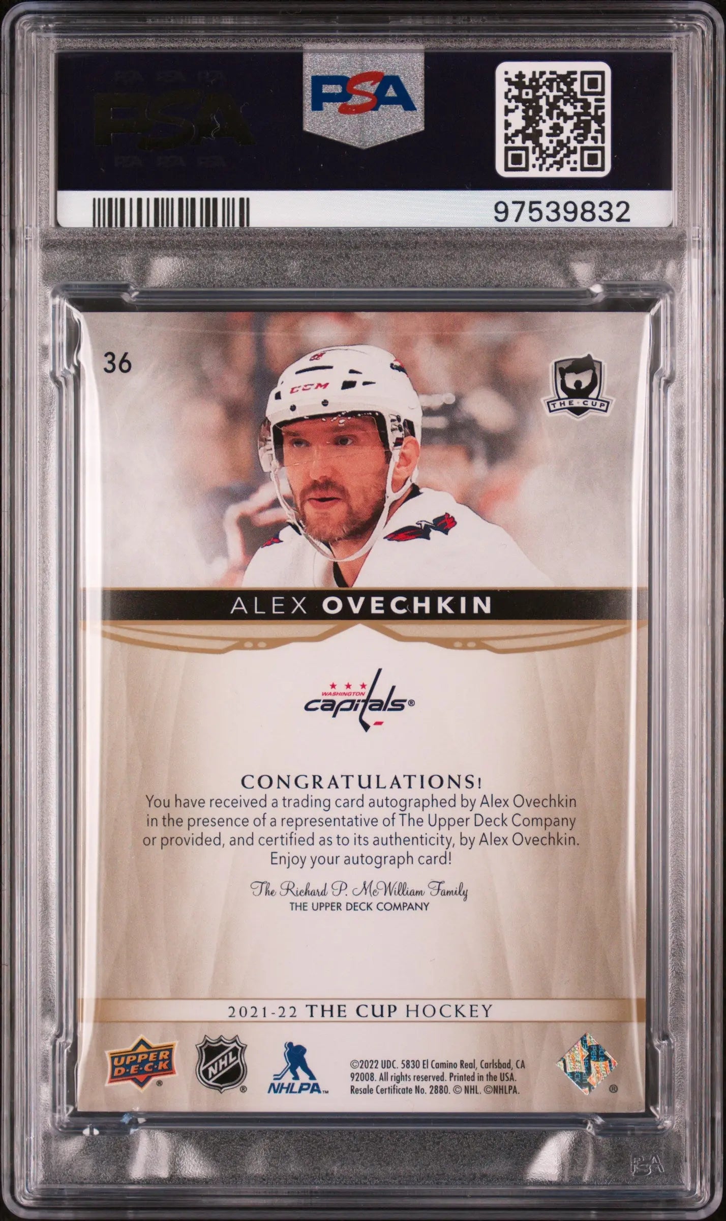2021 UD The Cup Alex Ovechkin Gold Spectrum Foil Autograph Variation PSA 9/12 - Rare Hockey Trading Card for Collectors & Investors - Perfect for Sports Memorabilia Displays & Auctions