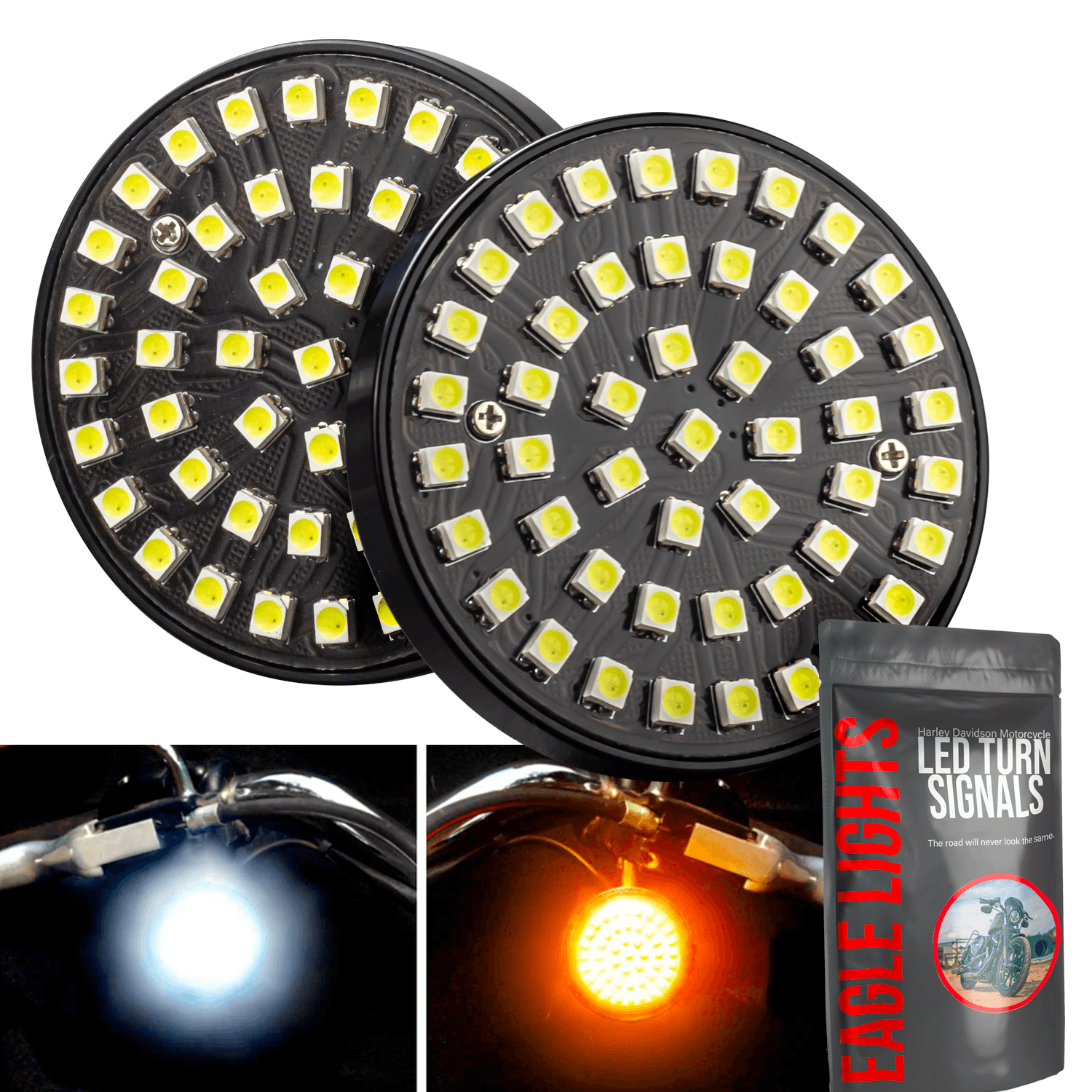 Eagle Lights SUNBURST 2 LED Turn Signals - Compatible with Harley Davidson & Yamaha Motorcycles - Front 1157 / Rear 1156 Bulbs - Bright Red Rear LEDs - Enhanced Visibility for Day & Night Riding