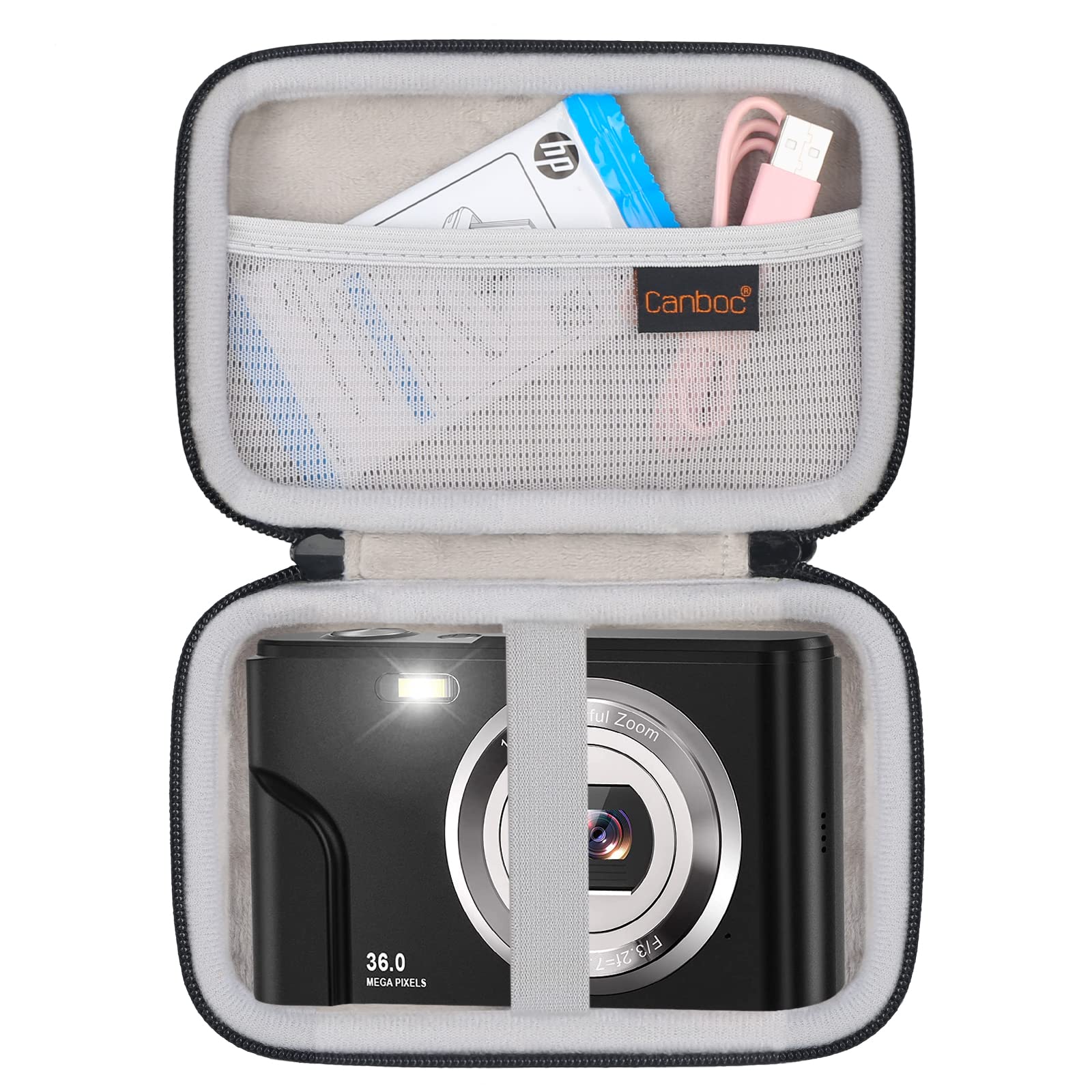 Canboc Digital Camera Case - Waterproof Protective Pouch for CAMKORY, Sevenat, Lecran, Besungo Compact Cameras - Fits Vlogging & Mini Teens Cameras with Mesh Pocket for Cables (Black) - Perfect for Travel, Outdoor Photography & Daily Storage