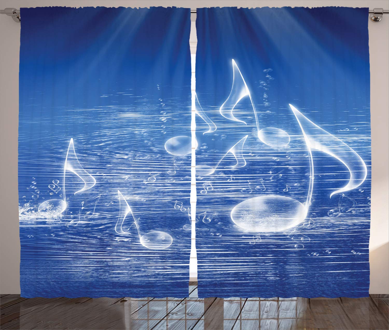 Ambesonne Music Themed Curtains - Water Musical Notes & Dancing Waves Fantasy Design, 2 Panel Set 108