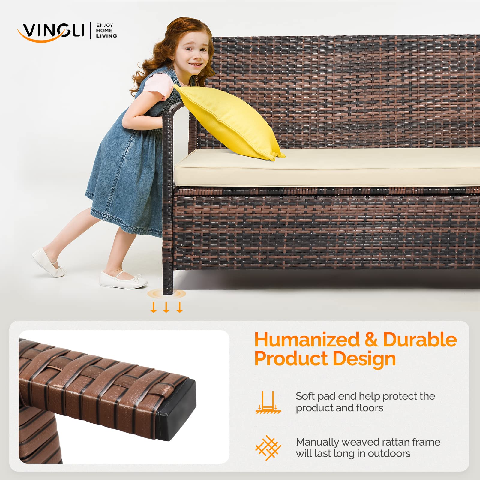 VINGLI 40 Gallon Outdoor Storage Bench with Cushion - Wicker Rattan Deck Box & Patio Sofa Bench for Porch, Yard, Garden - Weather-Resistant Brown Storage Solution for Outdoor Cushions, Pool Toys & Gardening Tools