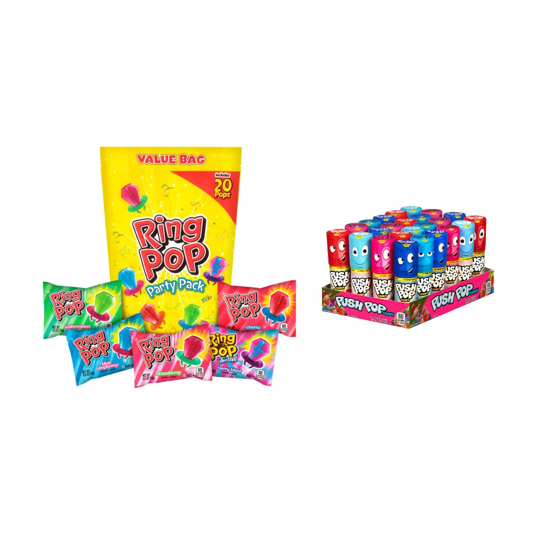 Push Pop Candy 24 Count Variety Pack + Ring Pop 20 Count Lollipop Suckers Party Pack – Assorted Flavors for Birthday Parties, Halloween Treats & School Events