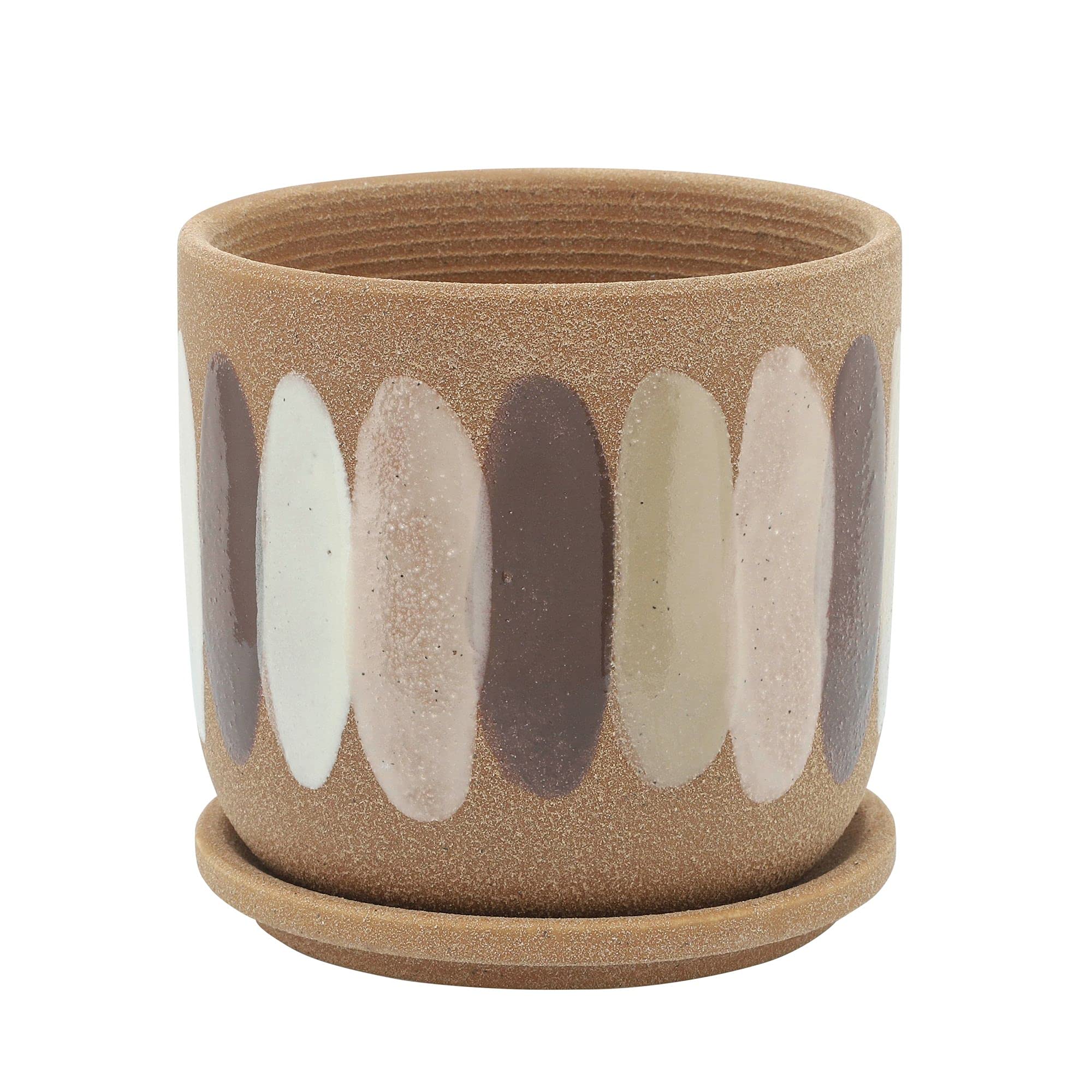 Kingston Living 6 Inch Tan Brown and Beige Ceramic Striped Planter with Saucer - Perfect for Indoor Plants, Succulents, and Home Decor