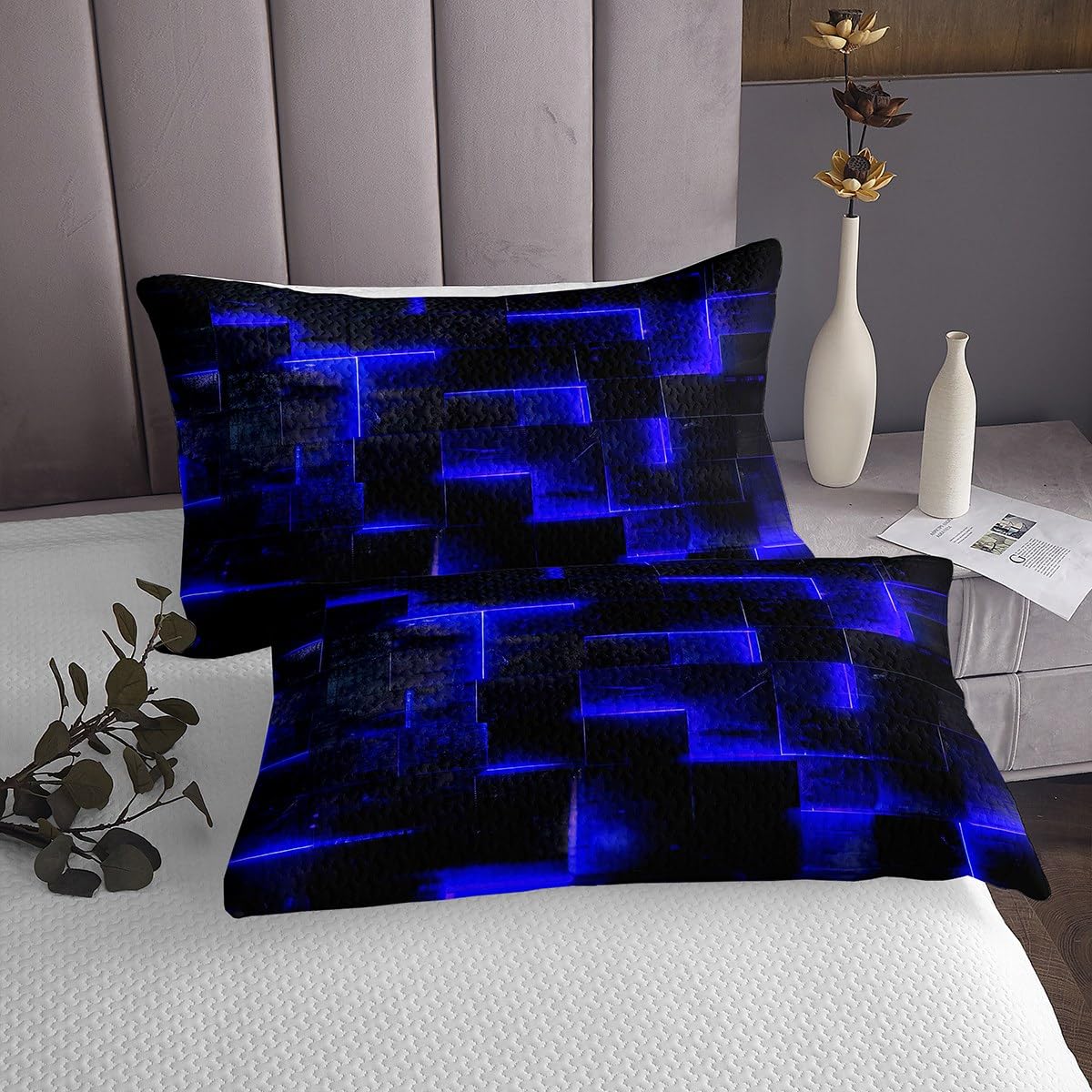 Erosebridal 3D Geometric Queen Quilt Set - Abstract Aesthetic Bedding Coverlet in Black & Navy Blue - Futuristic Glowing Cubes Design - Neon Grid Bedspread 3-Piece Set for Modern Bedroom Decor
