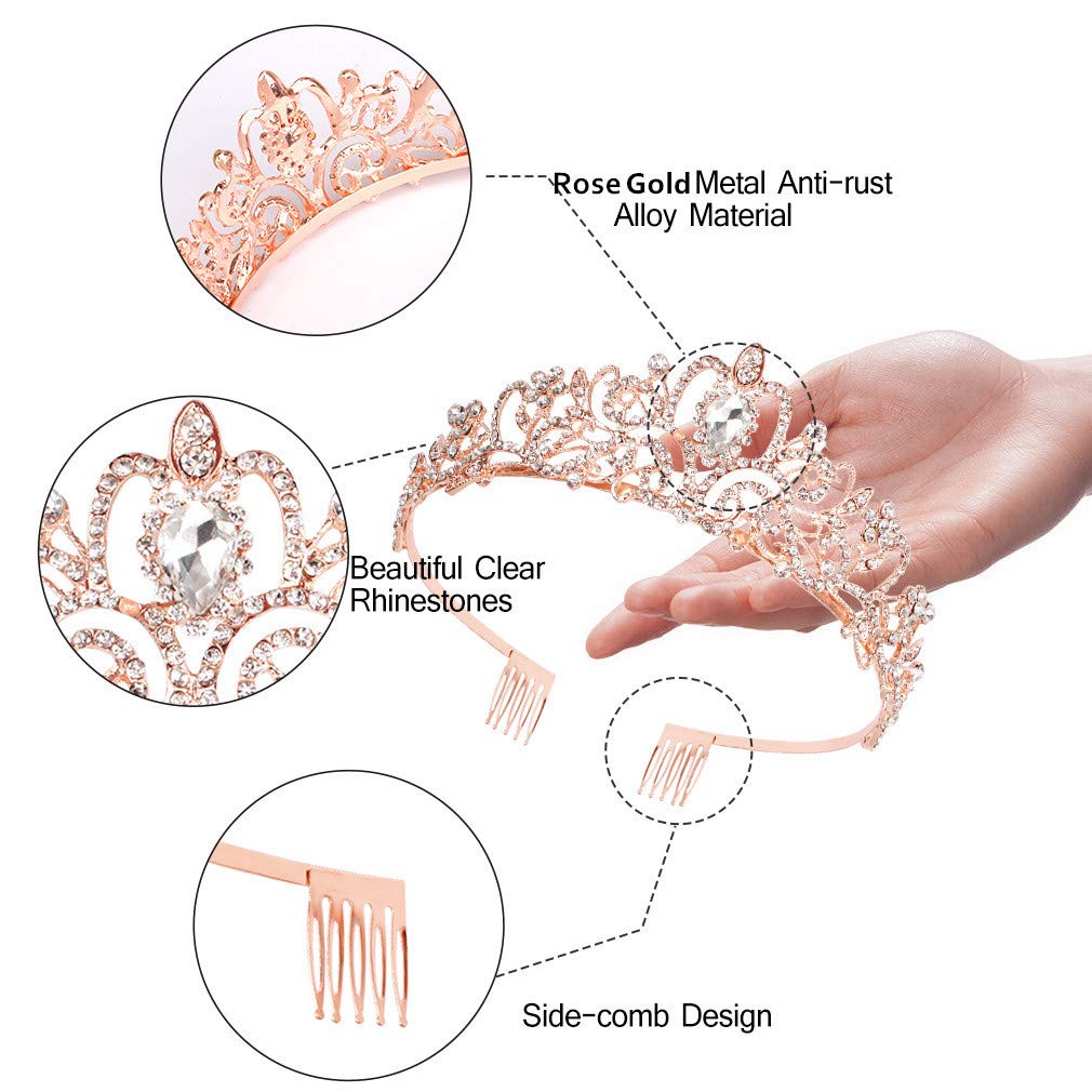 Elegant Crystal Rose Gold Tiara for Women - Birthday Queen Crown with Combs & Sash | Princess Party Hair Accessories for Women & Girls | Perfect for Birthday Celebrations, Pageants, Weddings & Special Occasions