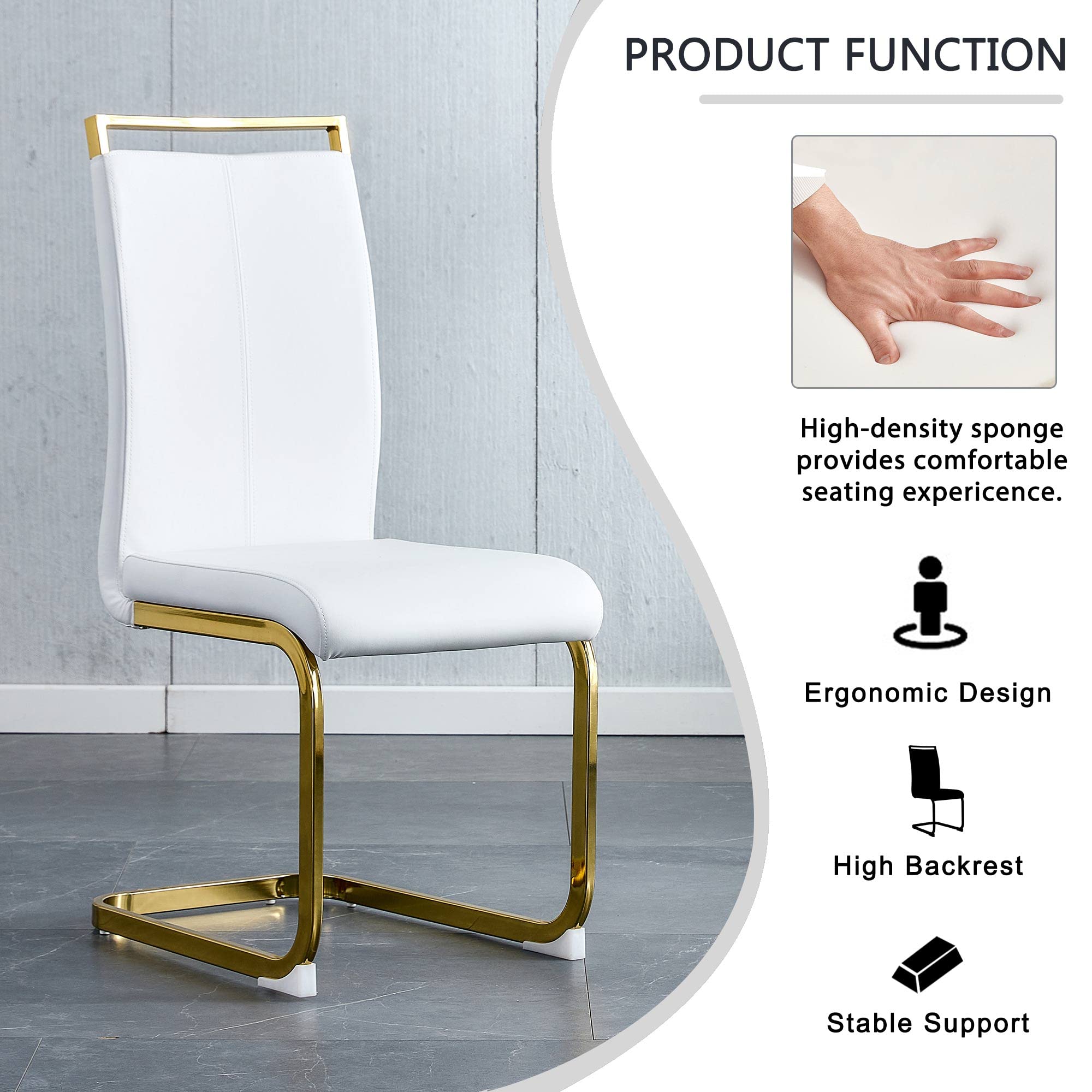 Baysitone Modern Dining Chairs Set of 4 - Gold Legs Faux Leather Padded High Back Chairs for Kitchen, Dining Room & Living Room - Elegant White Seating for Home Decor & Entertaining