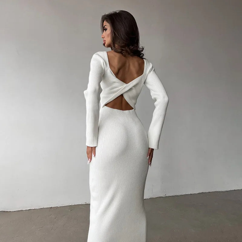 Elegant White Ribbed Fabric Dress - Long Sleeve O-Neck Hollow High Waist Slim Fit Crop Top with Knee Length Skirt | Perfect for Fall Fashion, Date Nights & Office Wear