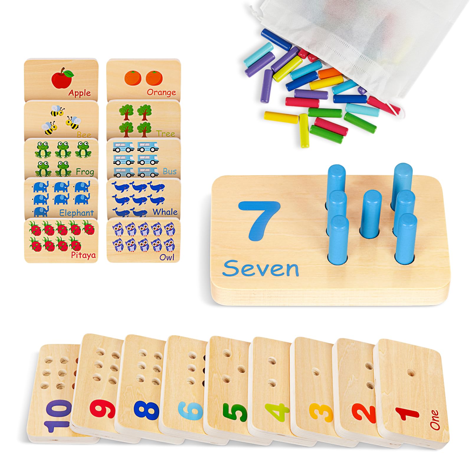 TOOKYLAND Montessori Wooden Peg Board Toy - 55 Counting Pegs for Toddlers, Kids Math Learning, Kindergarten Activities | Educational Number Manipulatives for Early Childhood Development & Homeschooling