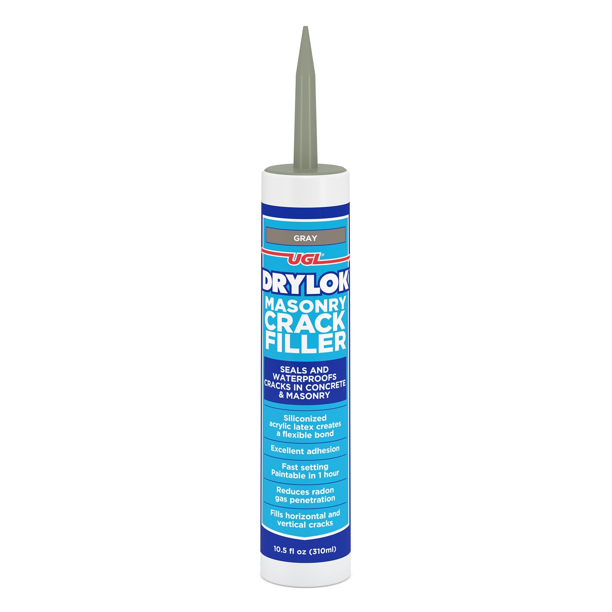 DRYLOK Masonry Crack Filler, 10.5 fl. oz – Fast-Setting Concrete & Masonry Repair for Walls, Floors, Indoor & Outdoor Use | Waterproof Sealant | Paintable in 1 Hour | Gray | Perfect for Basements, Driveways & Foundation Repairs
