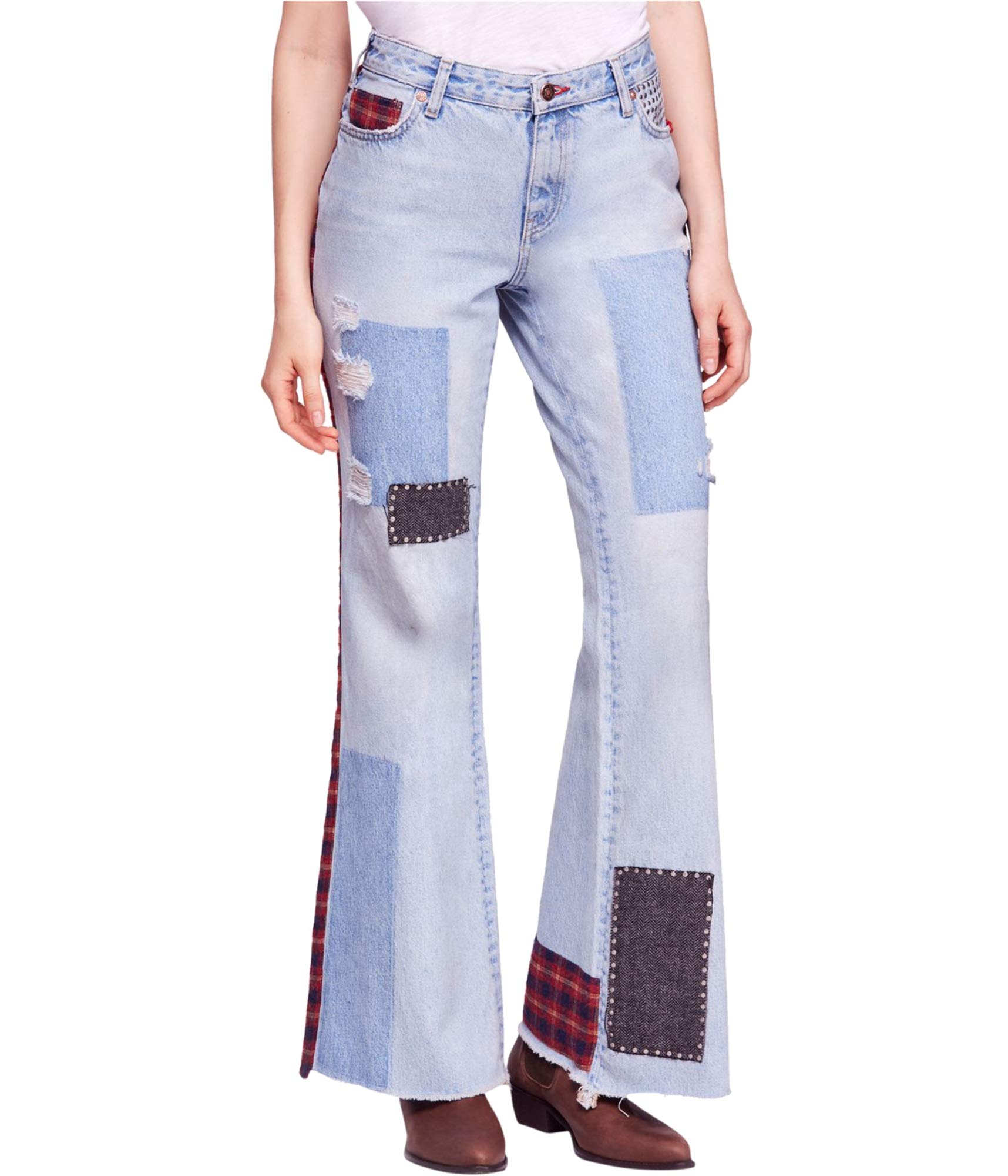 Free People Women's Mix Plaid Slim Flare Jeans | High Waisted Stretch Denim Pants | Vintage Inspired Casual & Boho Outfits for Everyday Wear