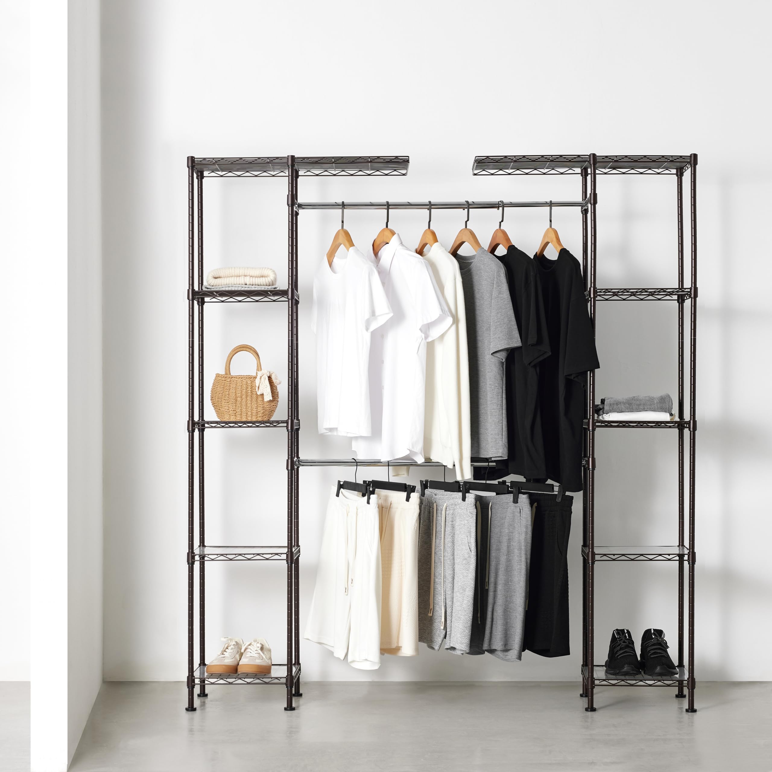 Amazon Basics Expandable Metal Hanging Closet Organizer - Adjustable Wardrobe Storage Rack with Shelves, 57-80 Inches Length, 14 Inches Width, 72 Inches Height, Bronze Finish - Perfect for Bedroom, Closet, Laundry Room & Dorm Organization