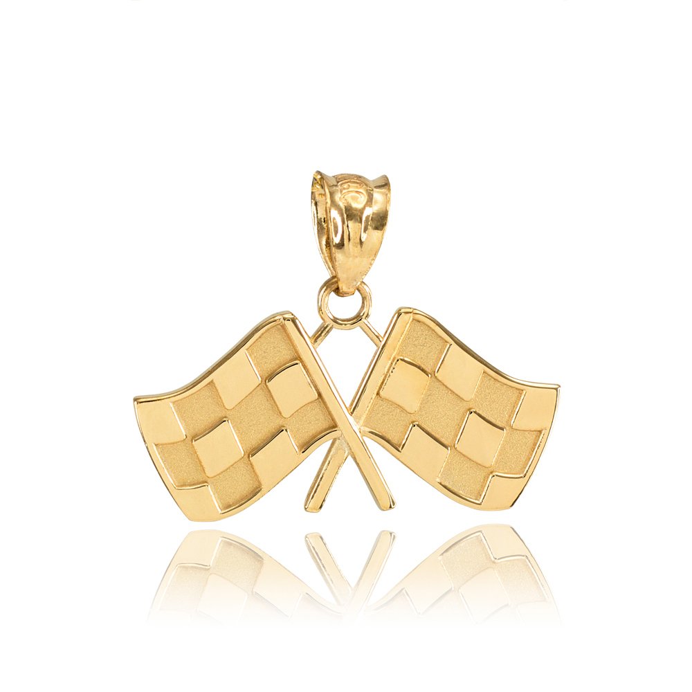 10K Yellow Gold Racing Flag Pendant Necklace for Motorsport Fans