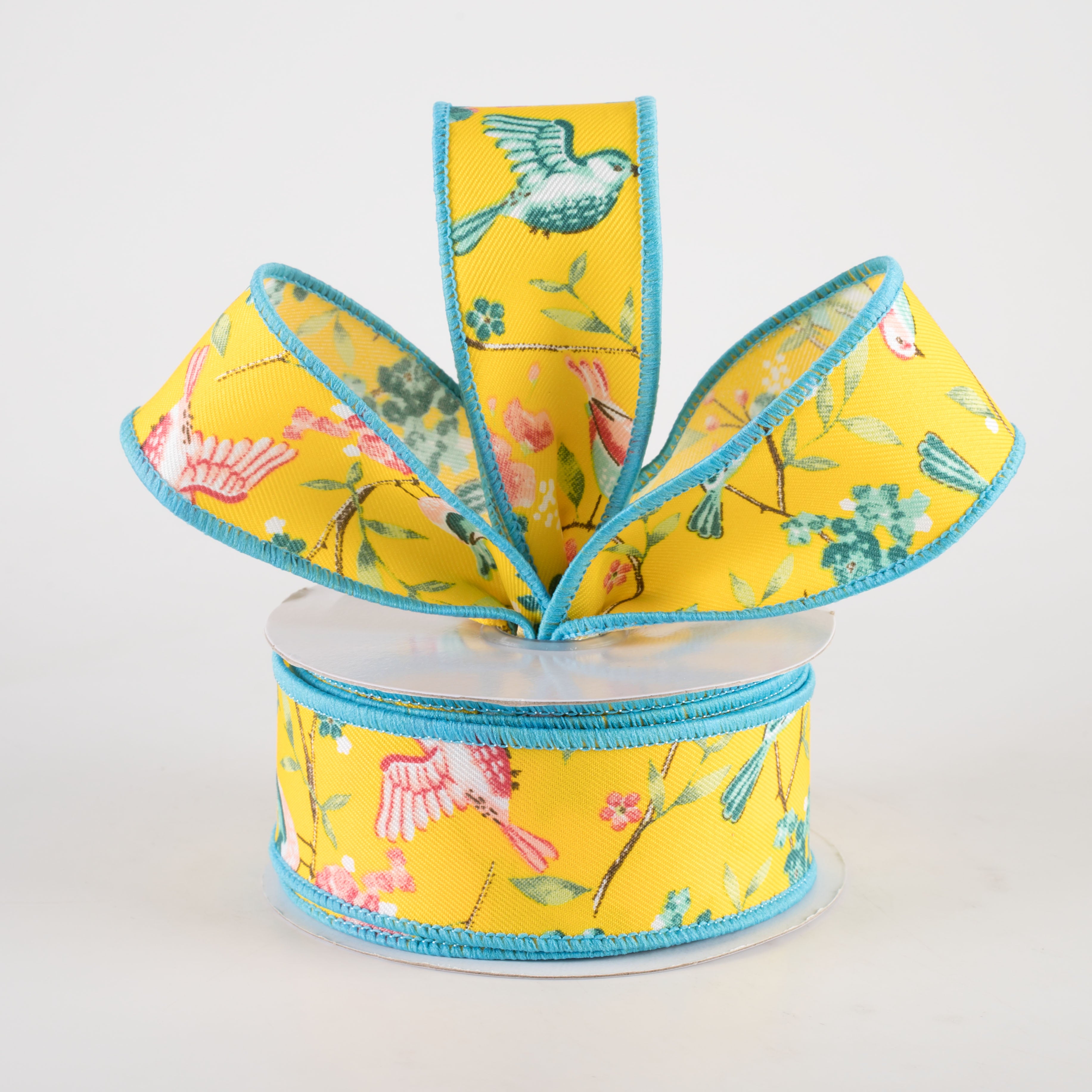 1.5 Inch Floral Branch Bird Ribbon - Yellow, Turquoise, Pink (10 Yards) - Perfect for DIY Crafts, Gift Wrapping, Scrapbooking & Home Decor