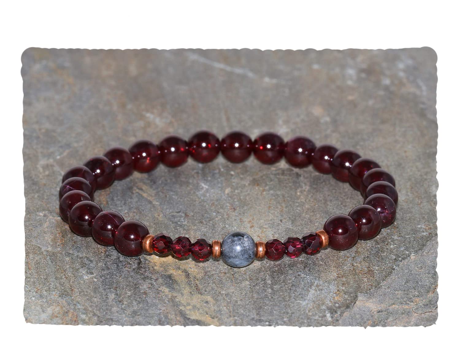 6.5mm Natural Garnet and Larvikite Beaded Bracelet for Women | AAA Grade Healing Stone Jewelry | Spiritual Protection & Energy Balancing Gift | Perfect for Meditation, Yoga & Everyday Wear