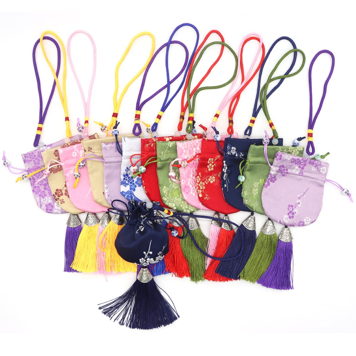 20 Pcs Silk Brocade Drawstring Sachet Bags with Tassels - Plum Blossom Pattern for Aromatherapy, Jewelry Storage, Home Decor & Gift Packaging | Portable Fragrance Pouch for Closet, Drawer & Travel