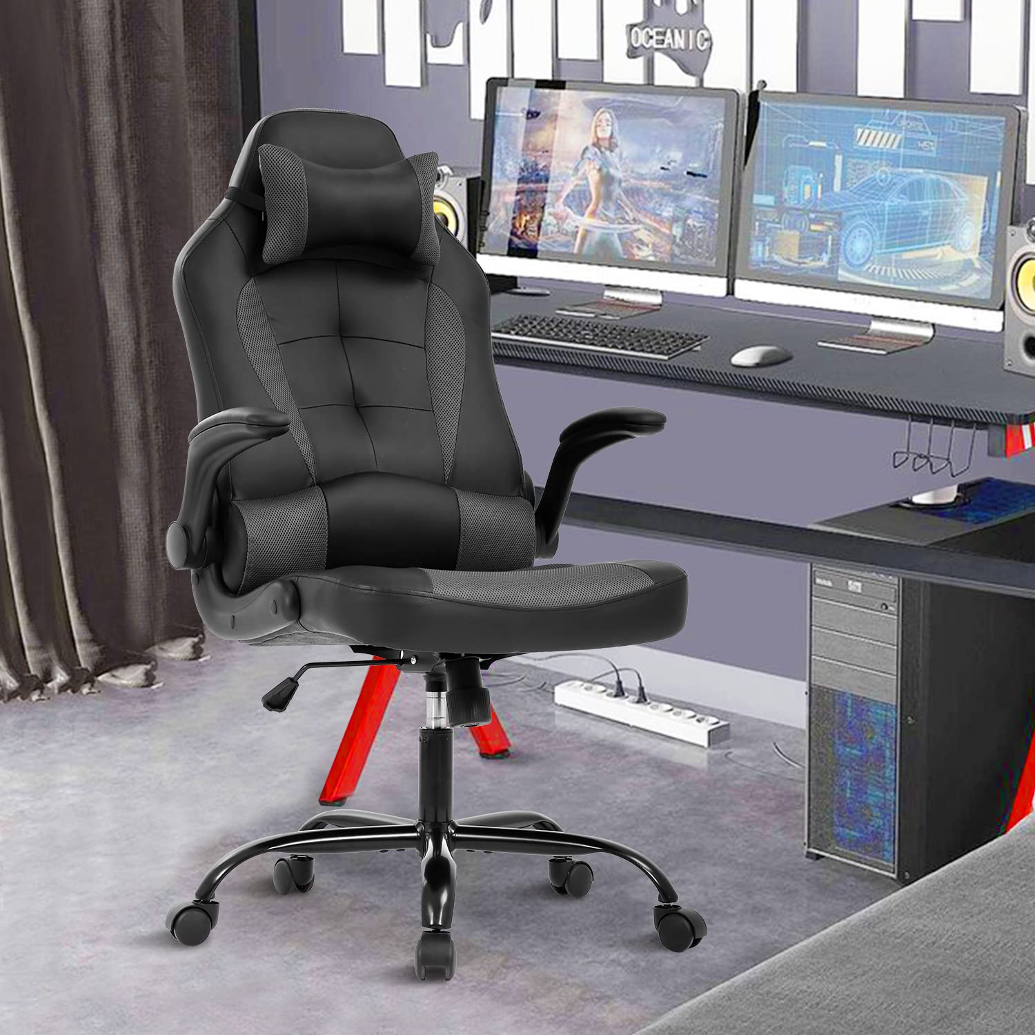 Ergonomic Gaming Office Chair with Adjustable Headrest & Lumbar Support - High Back PU Leather Computer Desk Chair for Adults - Racing Style Swivel Task Chair with Rolling Wheels - Perfect for Home Office, Gaming Setup & Workstation (Grey)