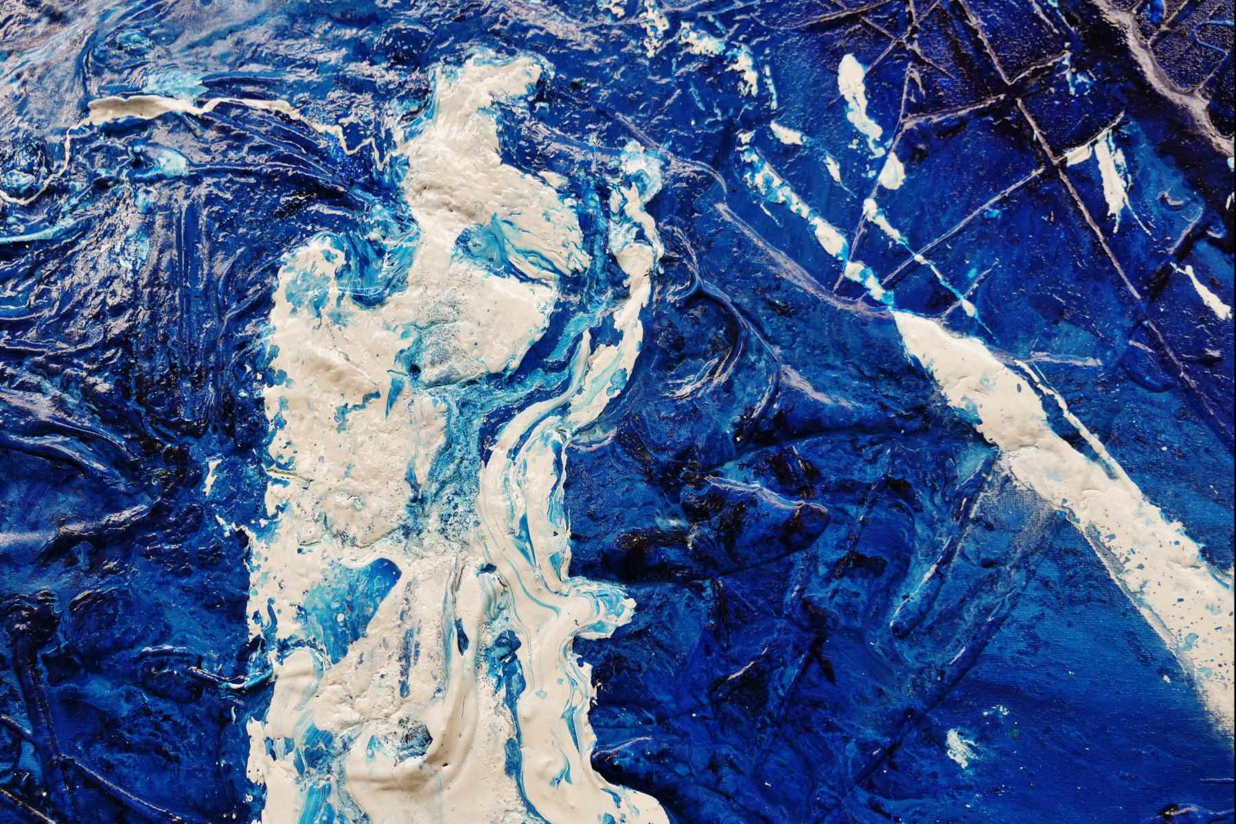 240cm x 100cm Blue and White Textured Abstract Ocean Painting - Sapphire Seas Wall Art for Living Room, Bedroom or Office Decor