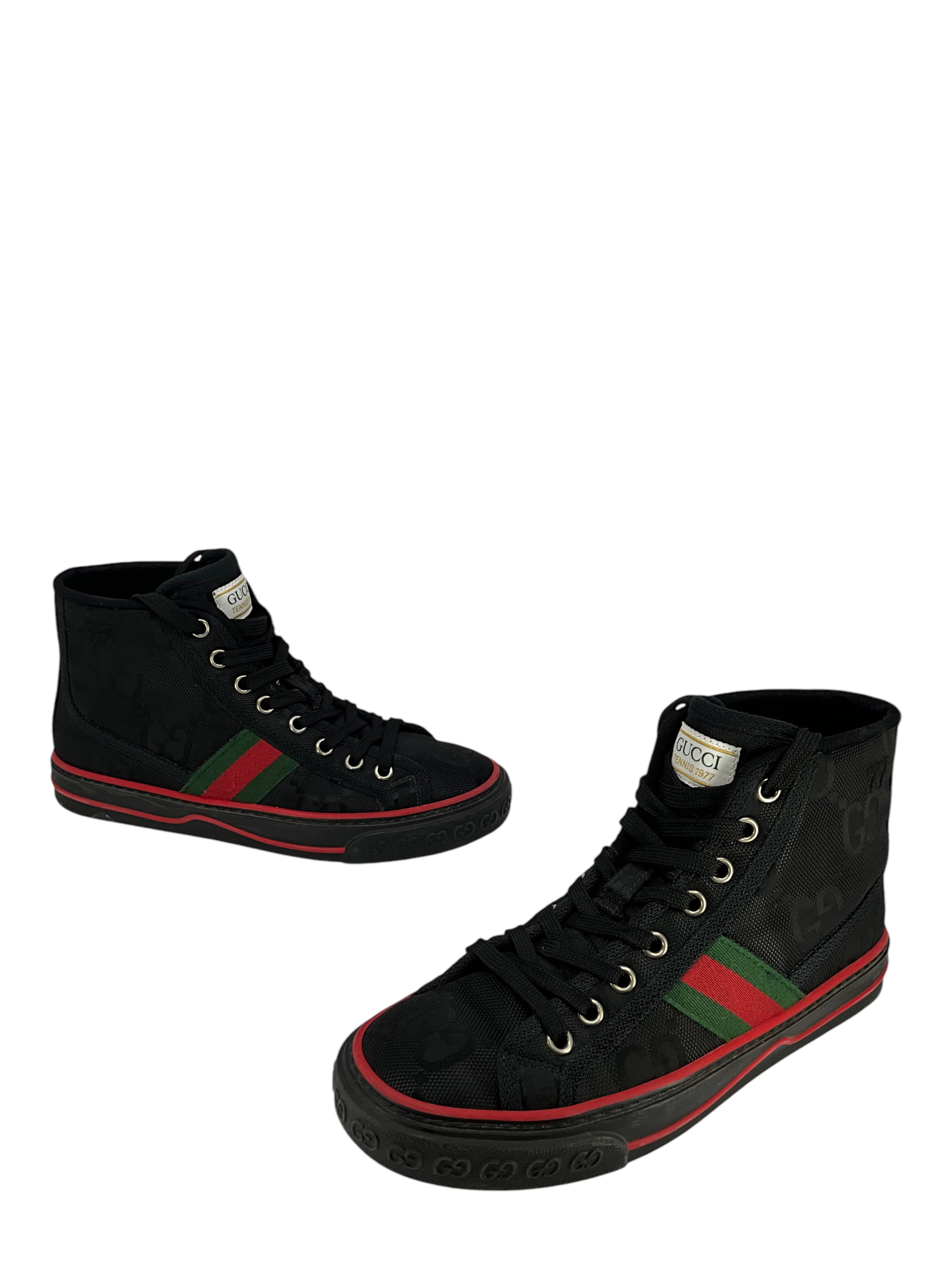 GUCCI Tennis 1977 Web Monogram Off The Grid High Top Sneakers for Women - Size 5.5 | Retro Fashion Sneakers for Casual Wear, Street Style & Everyday Comfort