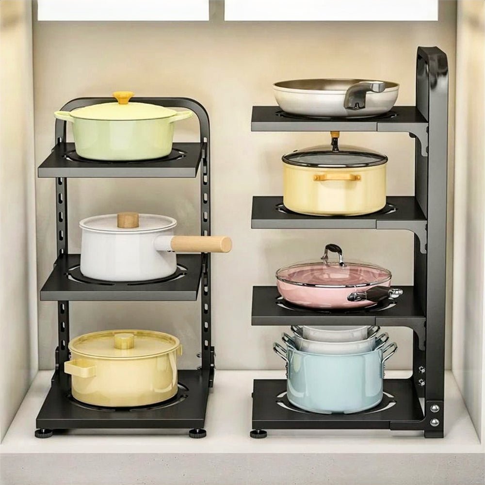 3-Tier Pots and Pans Organizer - Space Saving Kitchen Storage Rack for Cabinets & Countertops - Milo Cookware Organizer for Pots, Lids & Utensils - Perfect for Small Kitchens & Pantry Organization